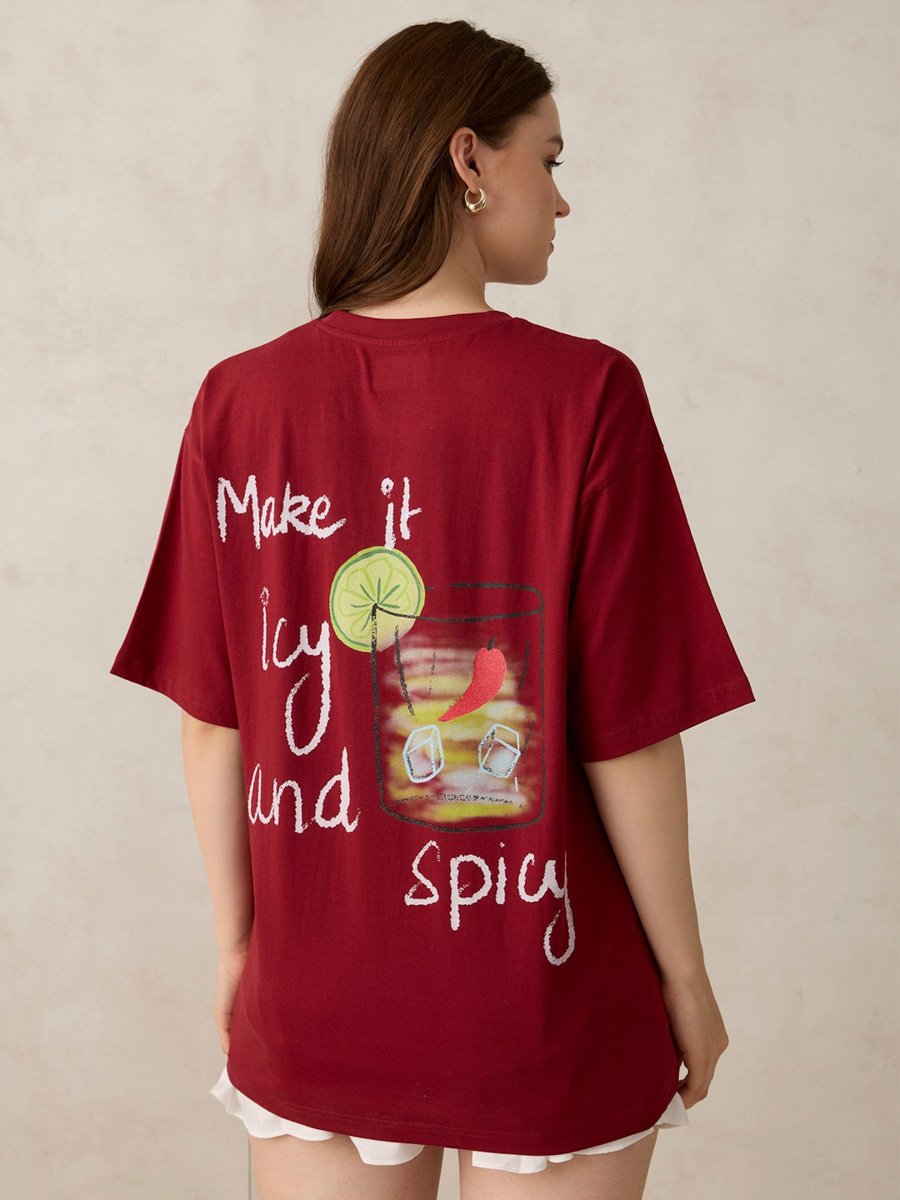 Maroon Oversized Graphic T-Shirt with Icy Drink Print