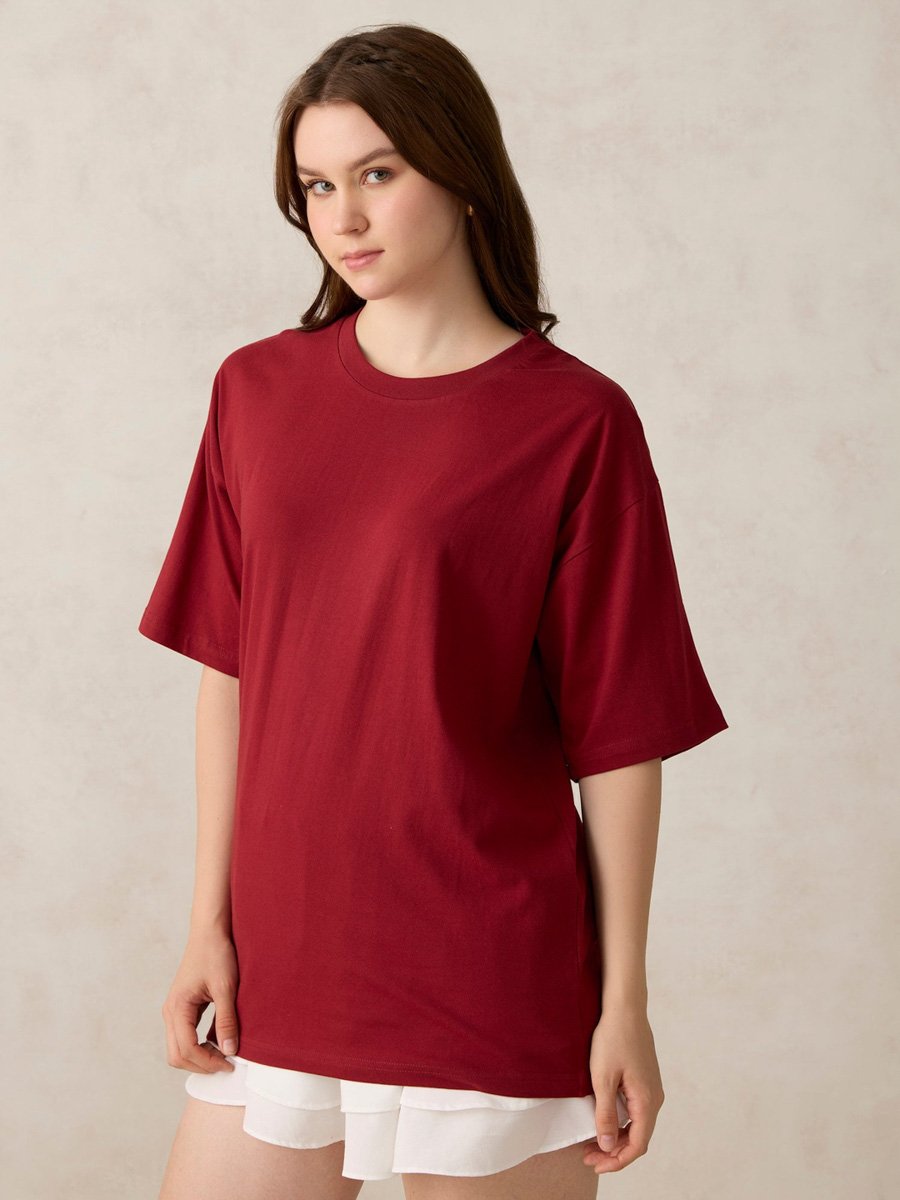 Maroon Oversized Graphic T-Shirt with Icy Drink Print