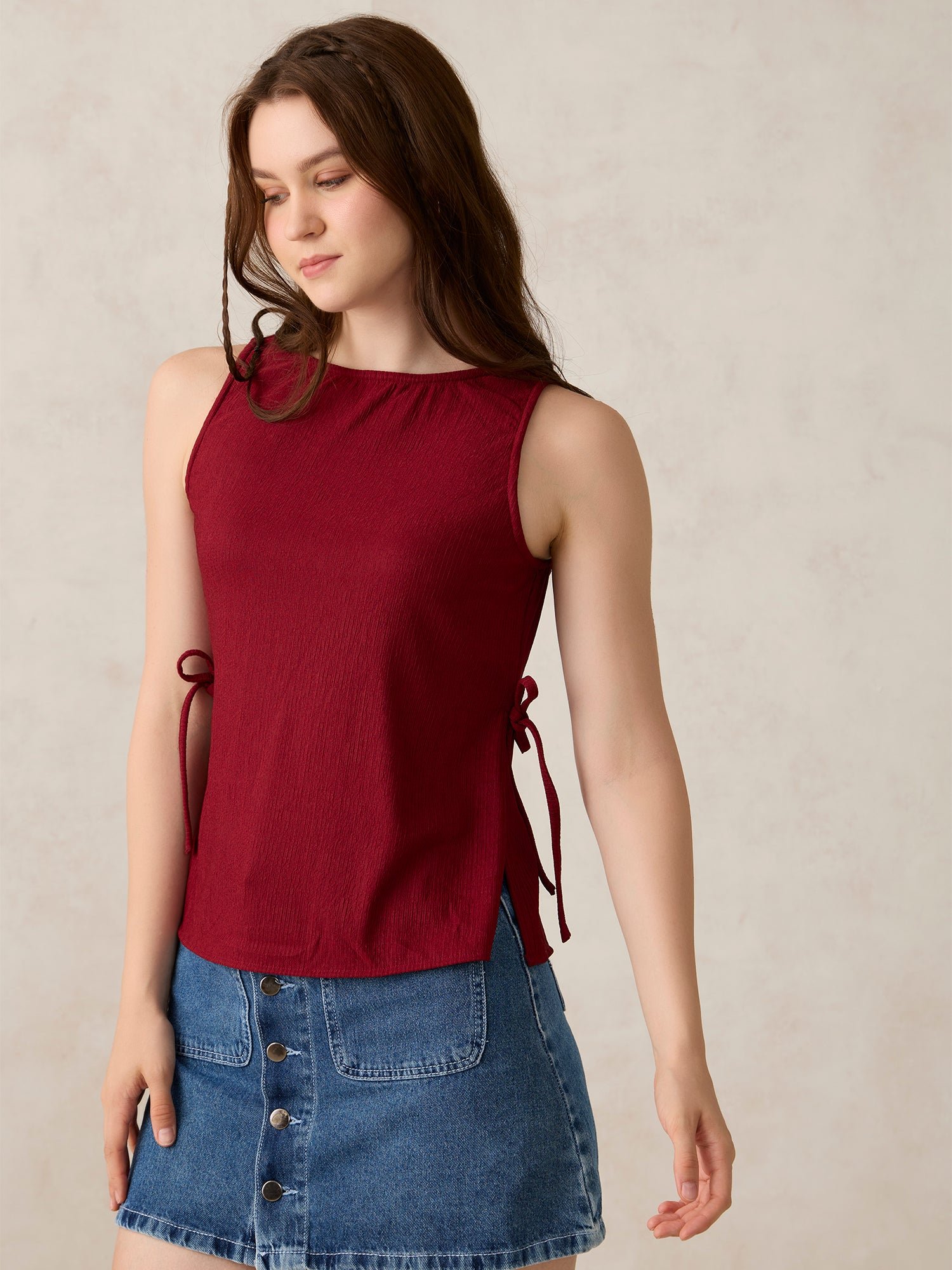 Red Boat Neck Side Tie-Up Top
