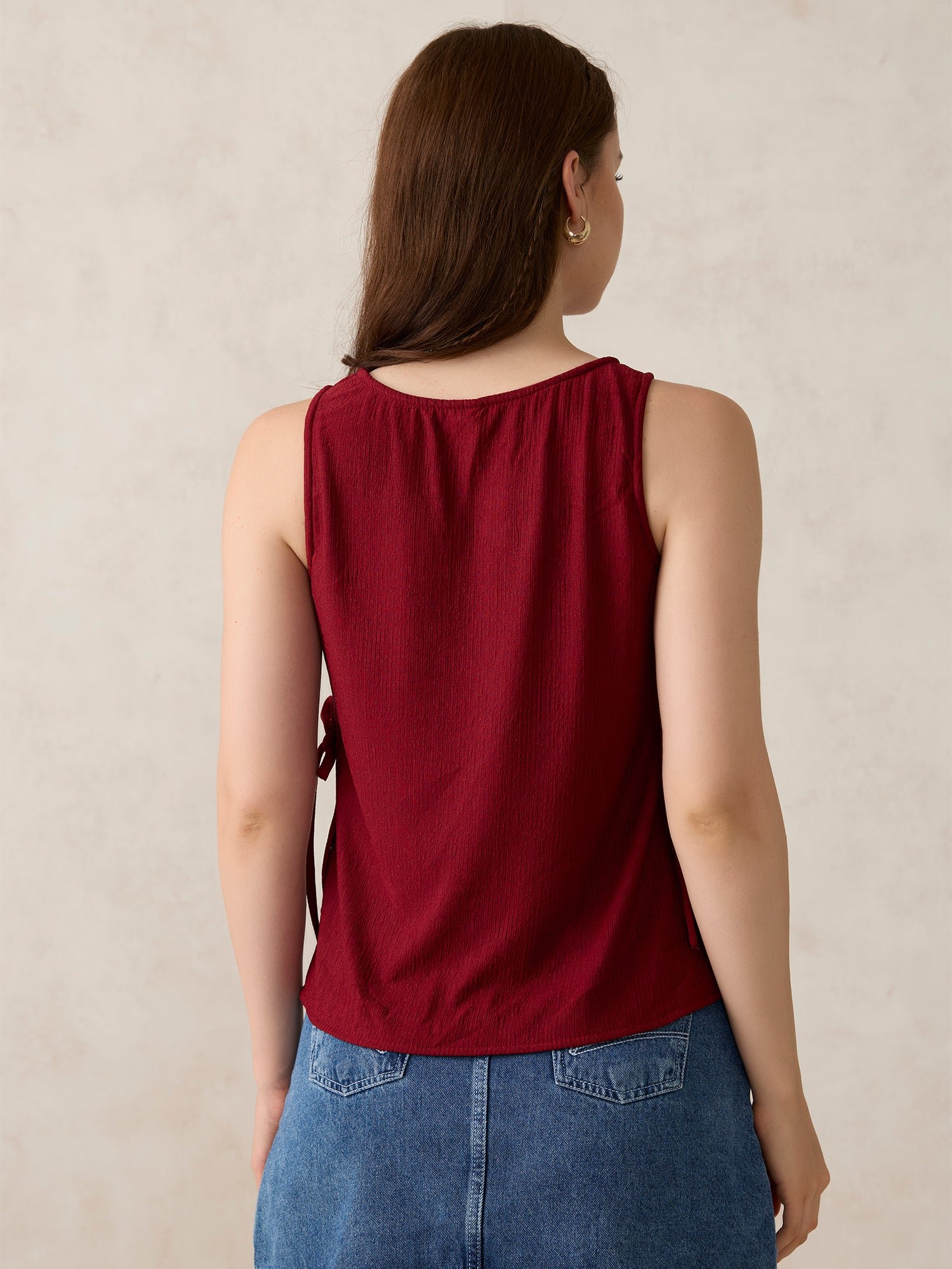 Red Boat Neck Side Tie-Up Top