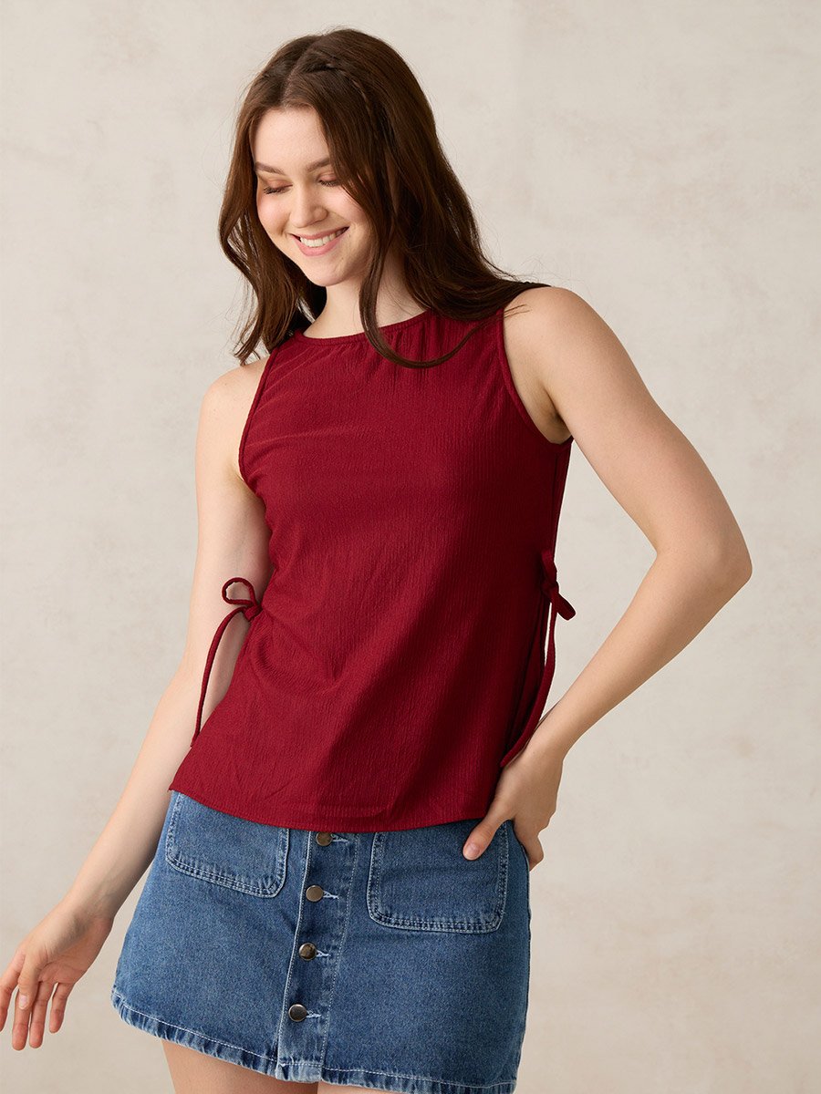 Red Boat Neck Side Tie-Up Top