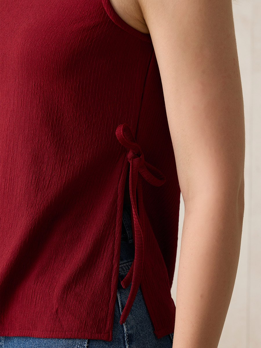 Red Boat Neck Side Tie-Up Top