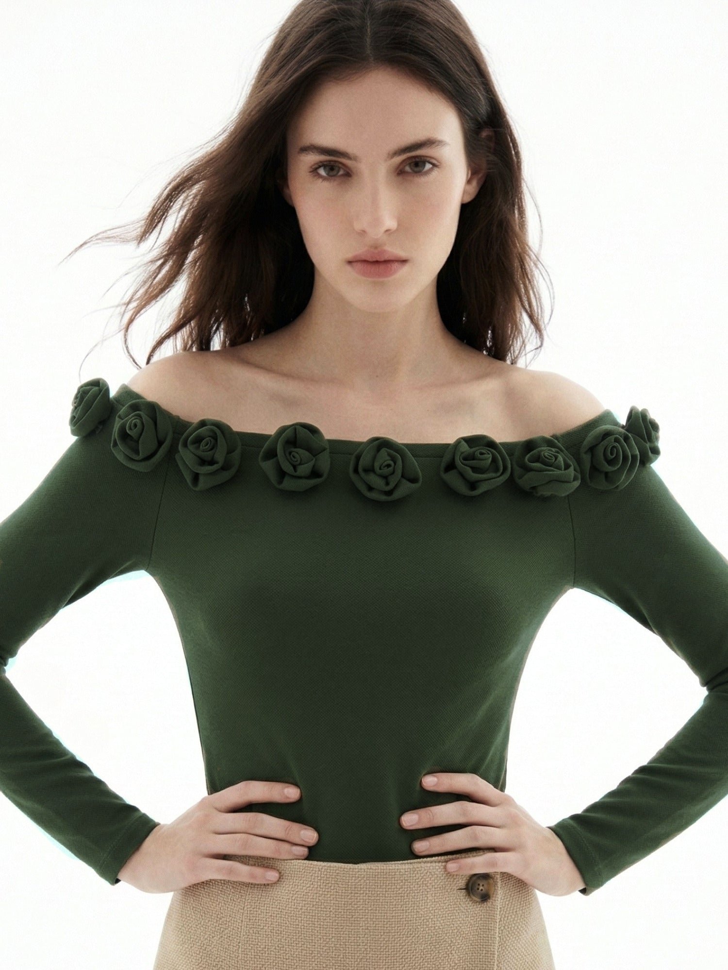Olive Green Knit Off-Shoulder Top with Floral Applique