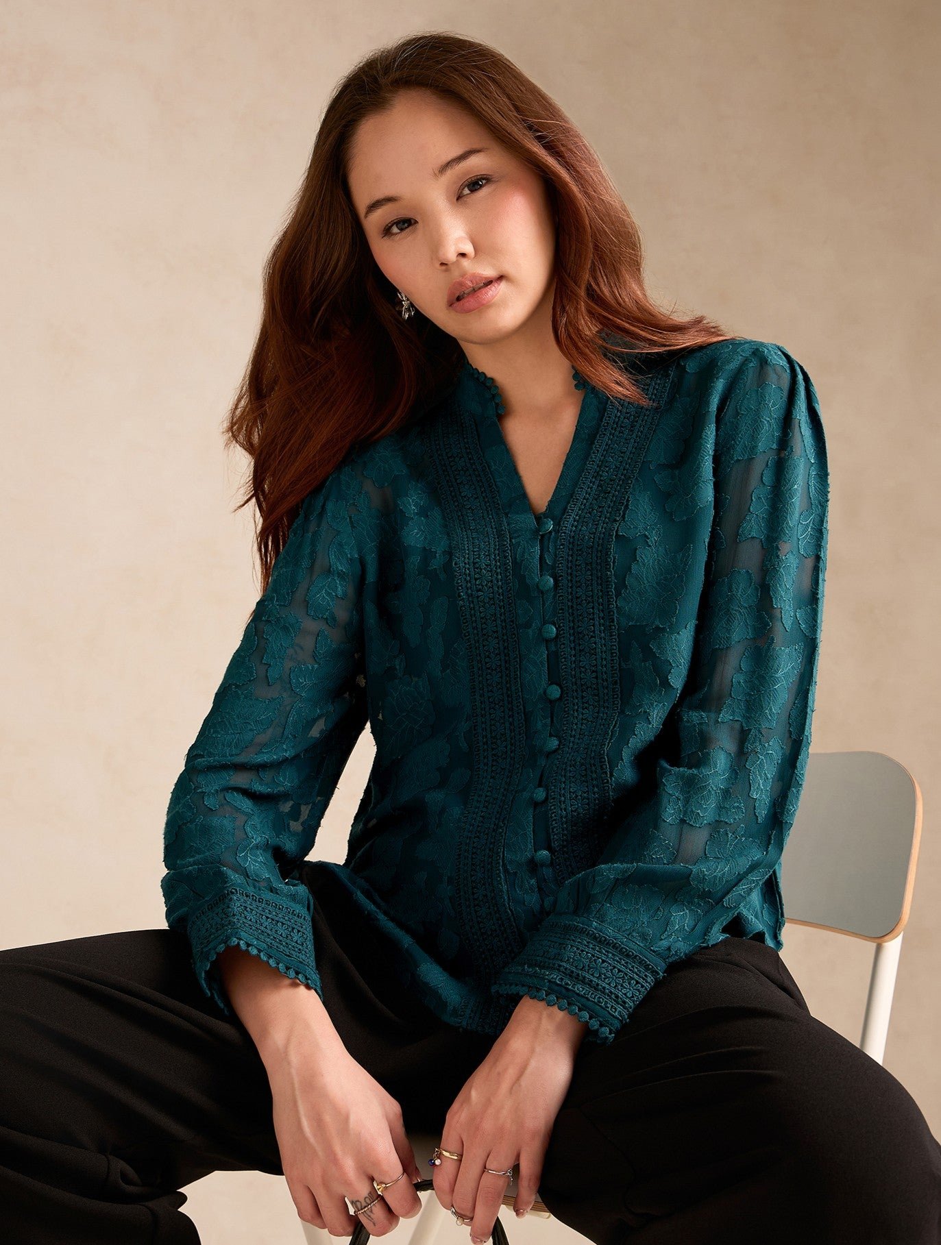 Teal Regular Fit Burnout Blouse with Lace Detail