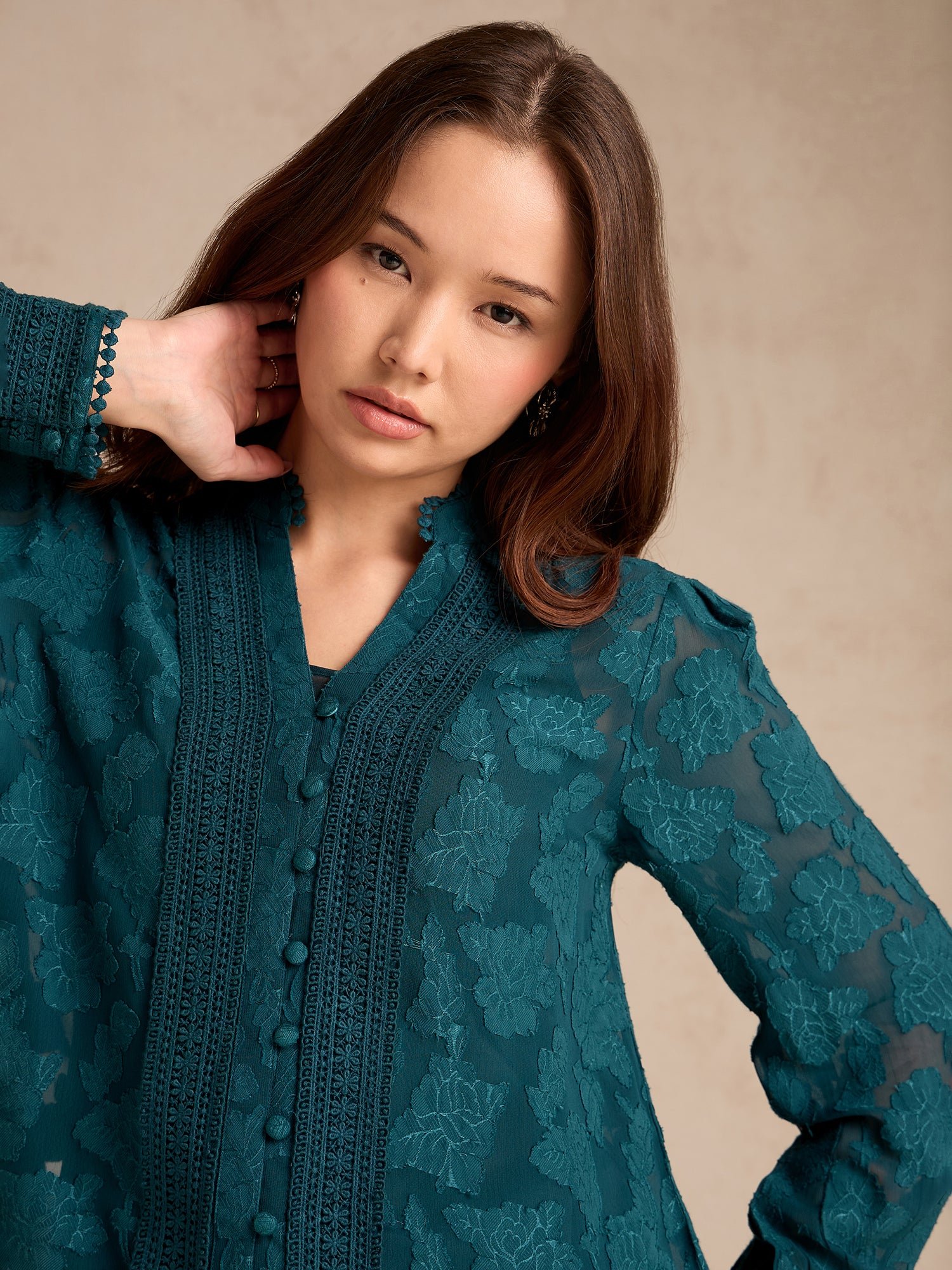 Teal Regular Fit Burnout Blouse with Lace Detail