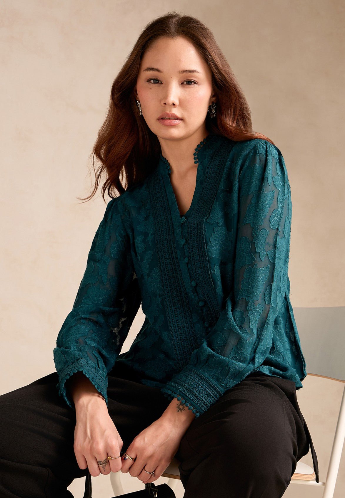 Teal Regular Fit Burnout Blouse with Lace Detail