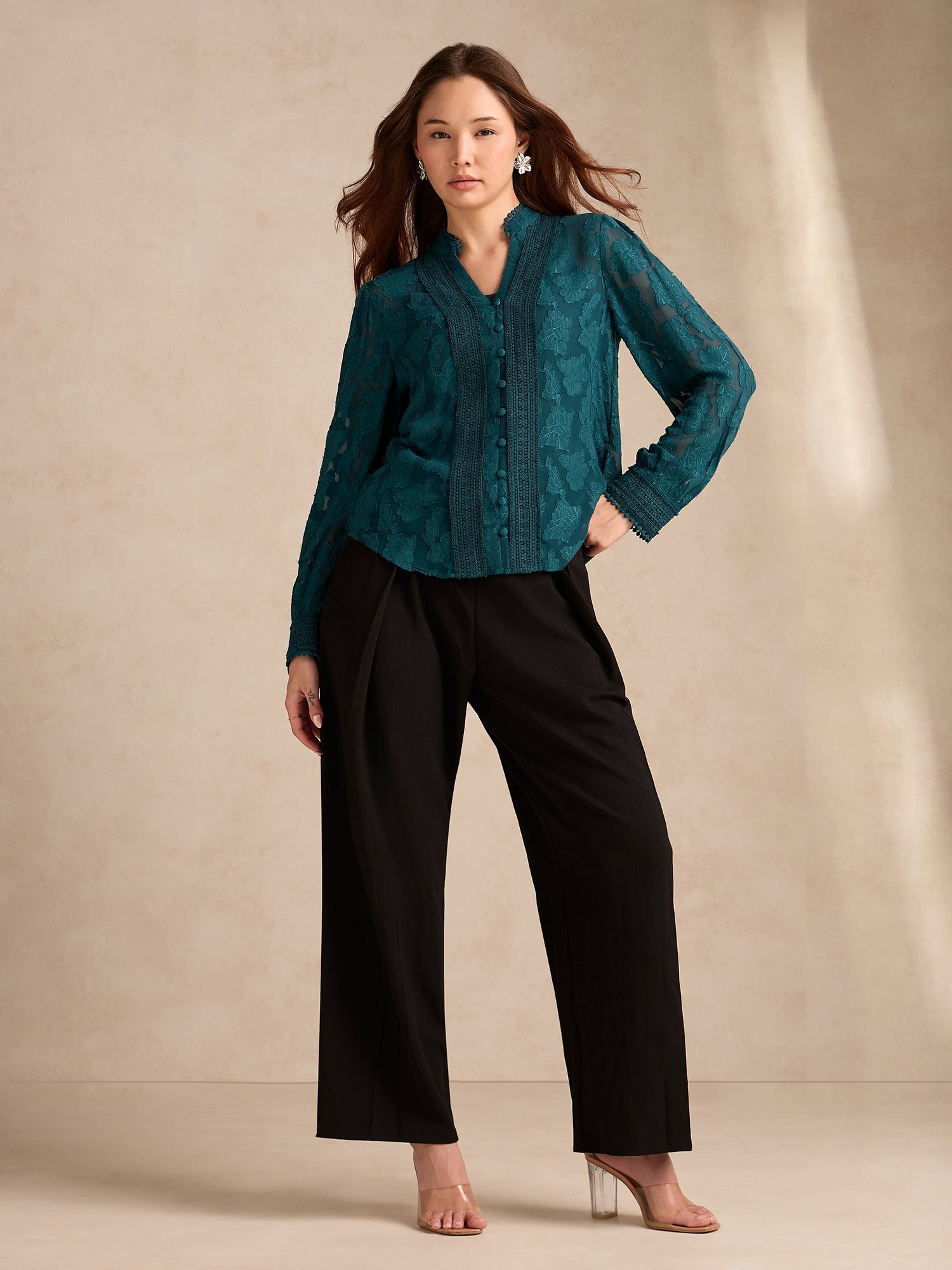 Teal Regular Fit Burnout Blouse with Lace Detail