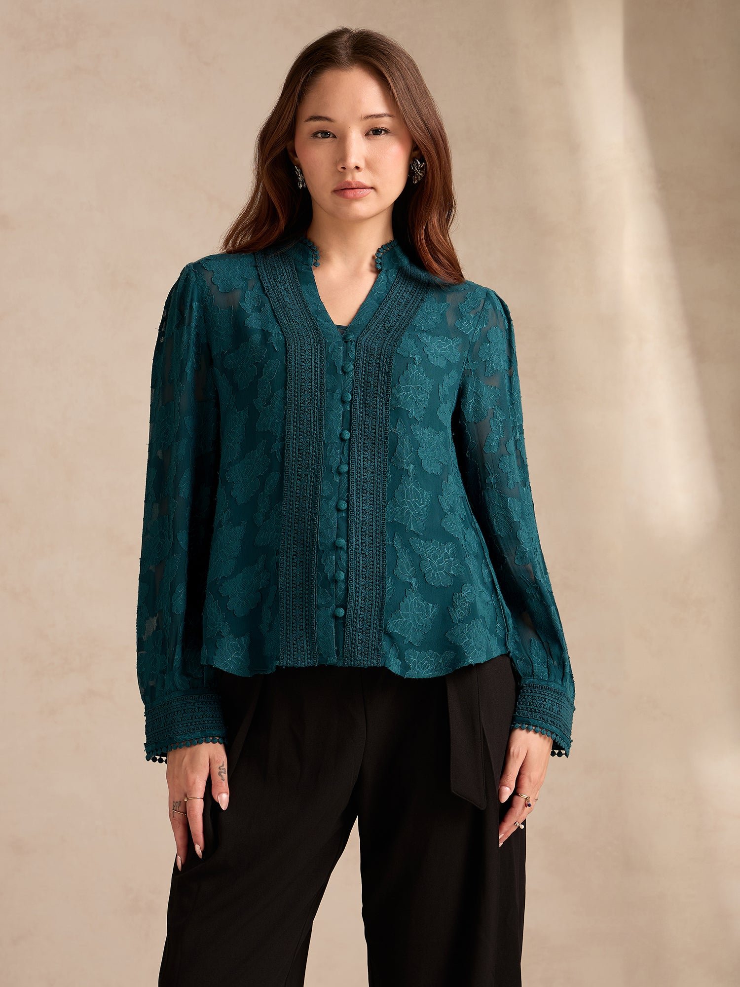Teal Regular Fit Burnout Blouse with Lace Detail