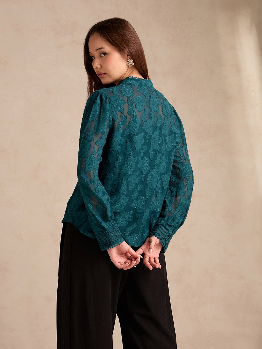 Teal Regular Fit Burnout Blouse with Lace Detail