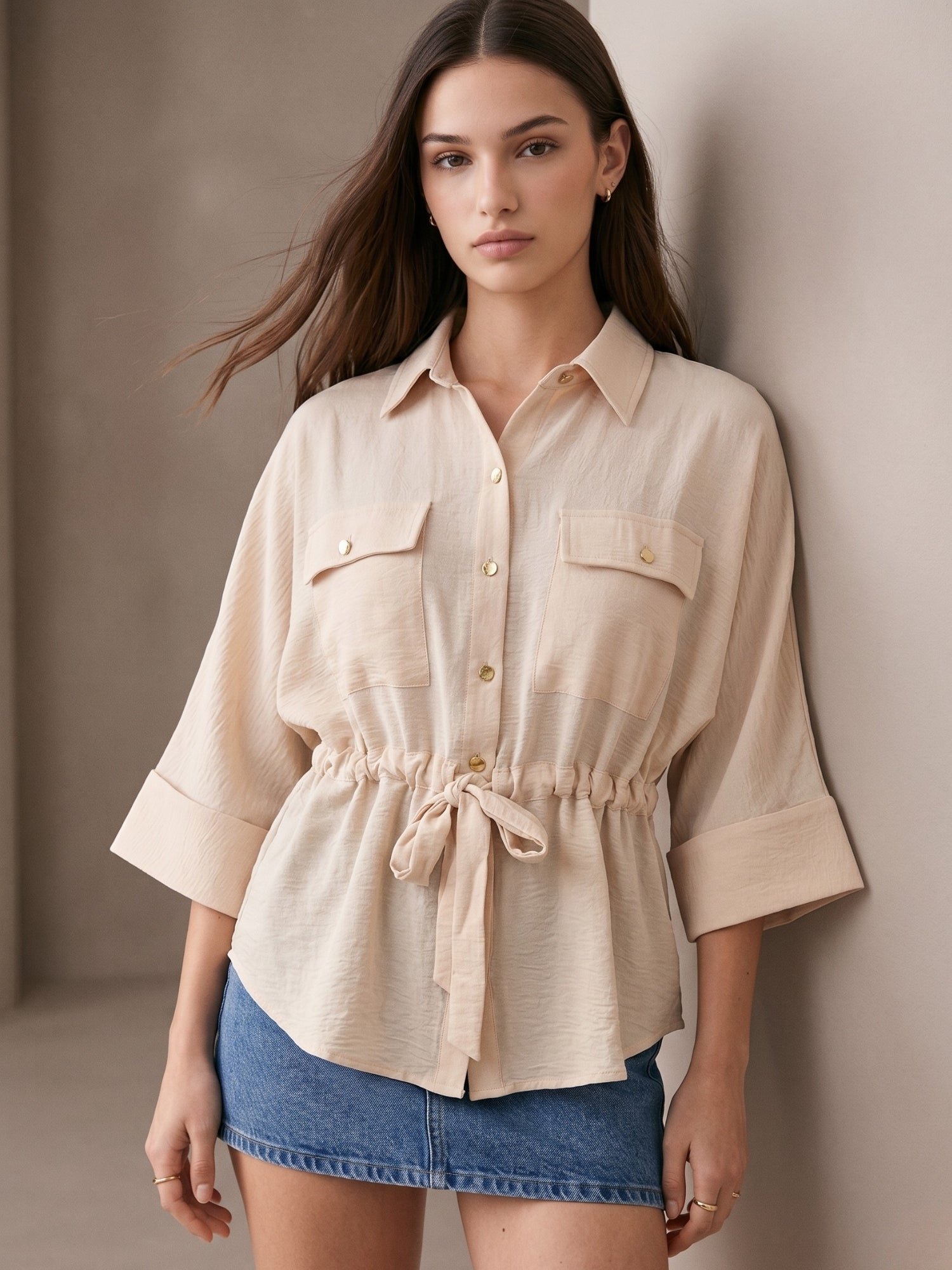 Cream 3/4 Sleeve Drawstring Shirt