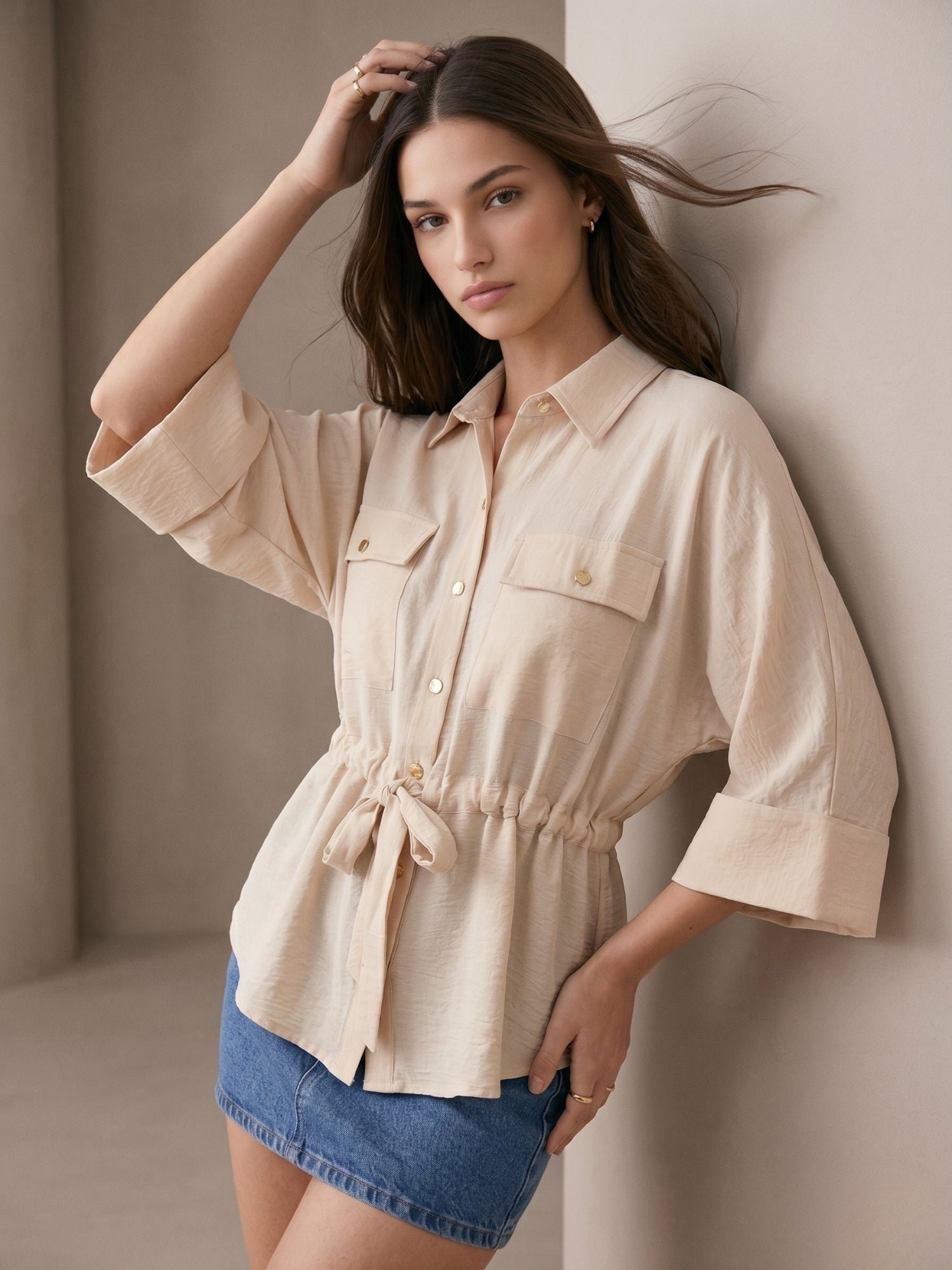 Cream 3/4 Sleeve Drawstring Shirt