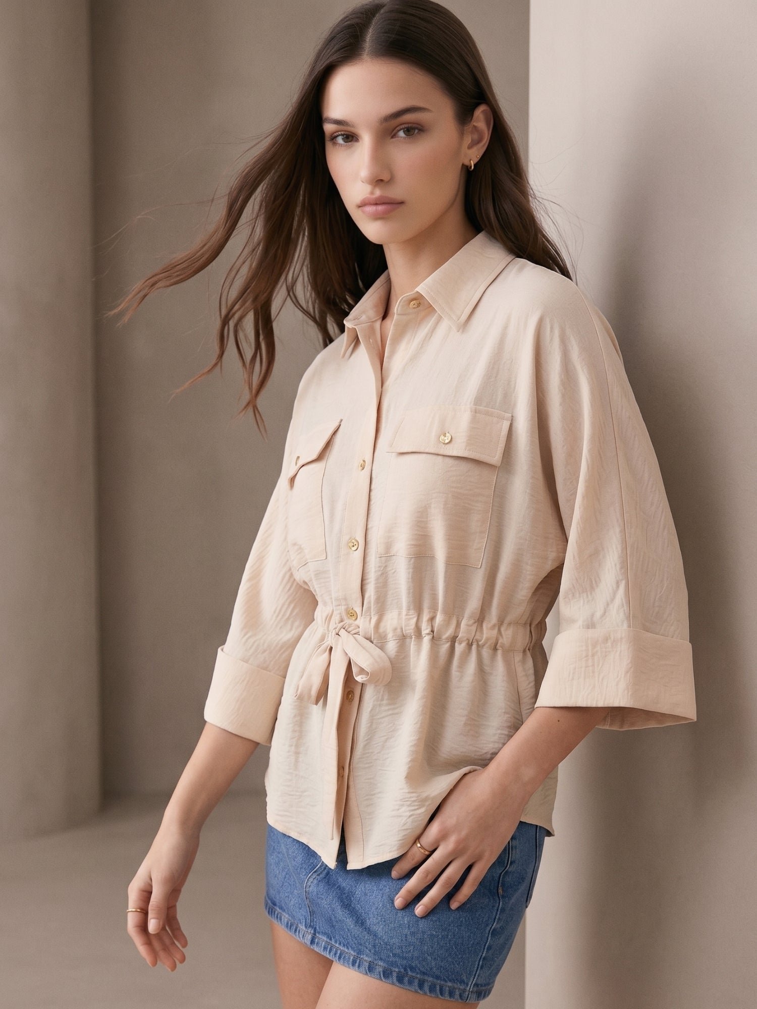 Cream 3/4 Sleeve Drawstring Shirt