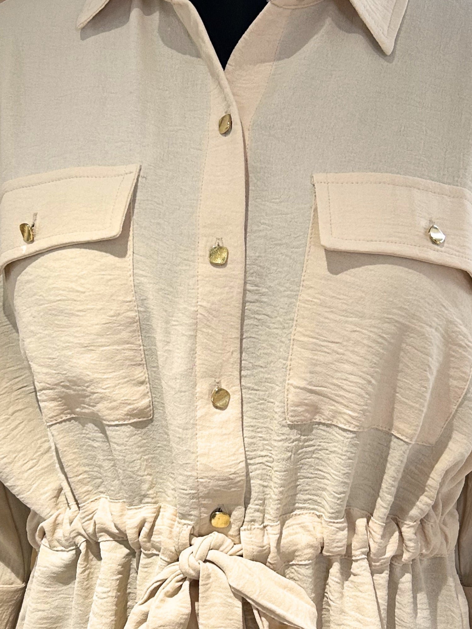 Cream 3/4 Sleeve Drawstring Shirt
