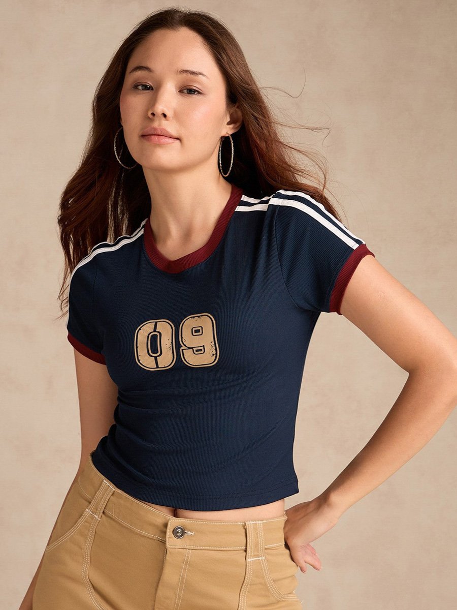 Navy Blue Short Sleeve Ribbed Crop Top