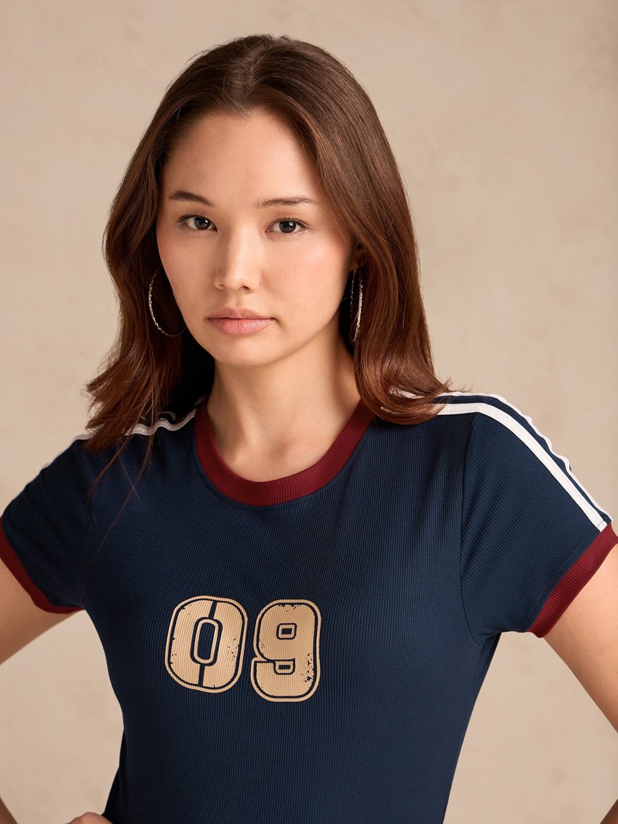 Navy Blue Short Sleeve Ribbed Crop Top