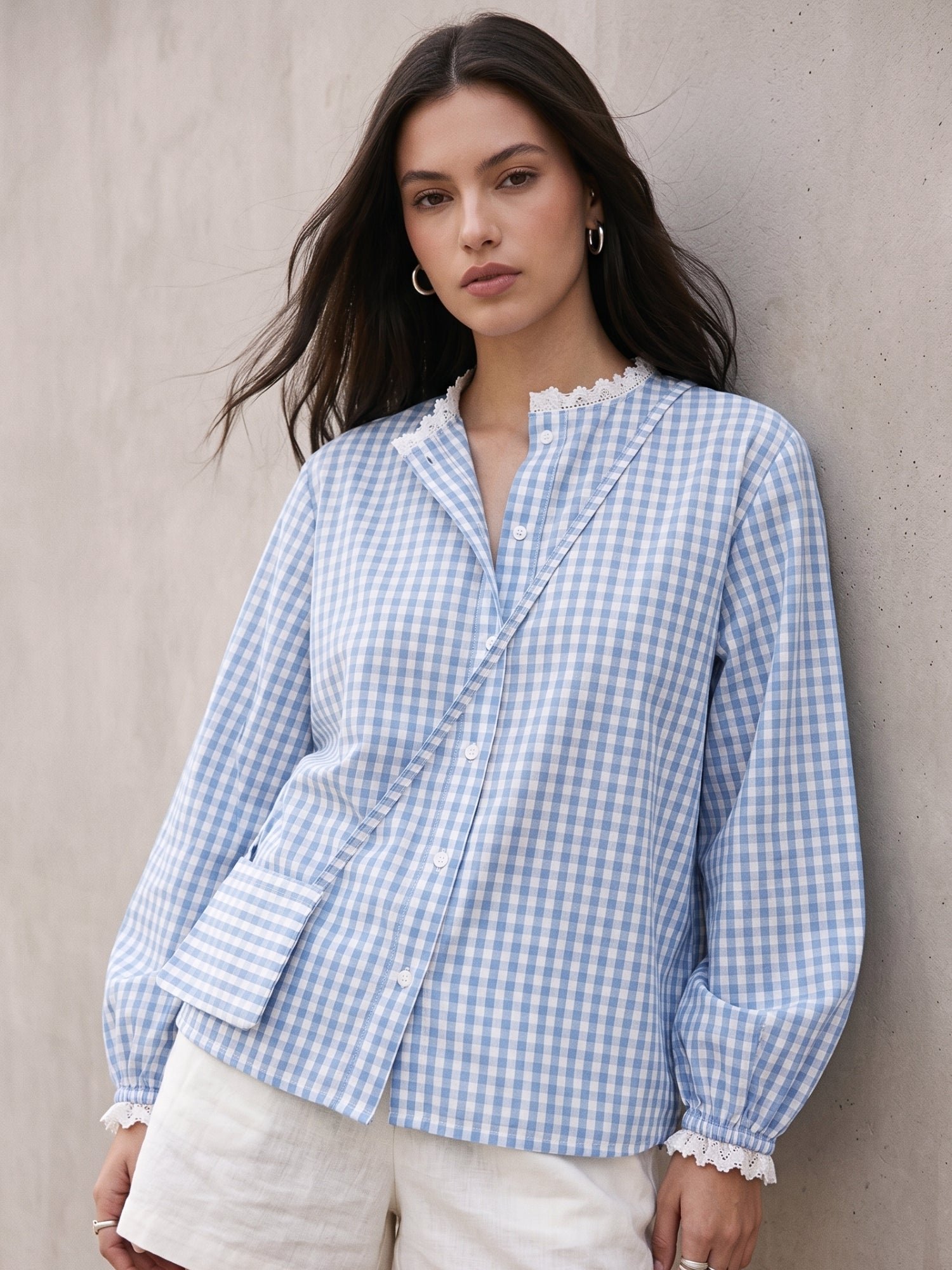 Blue Gingham Check Long Sleeve Shirt with Lace Detail