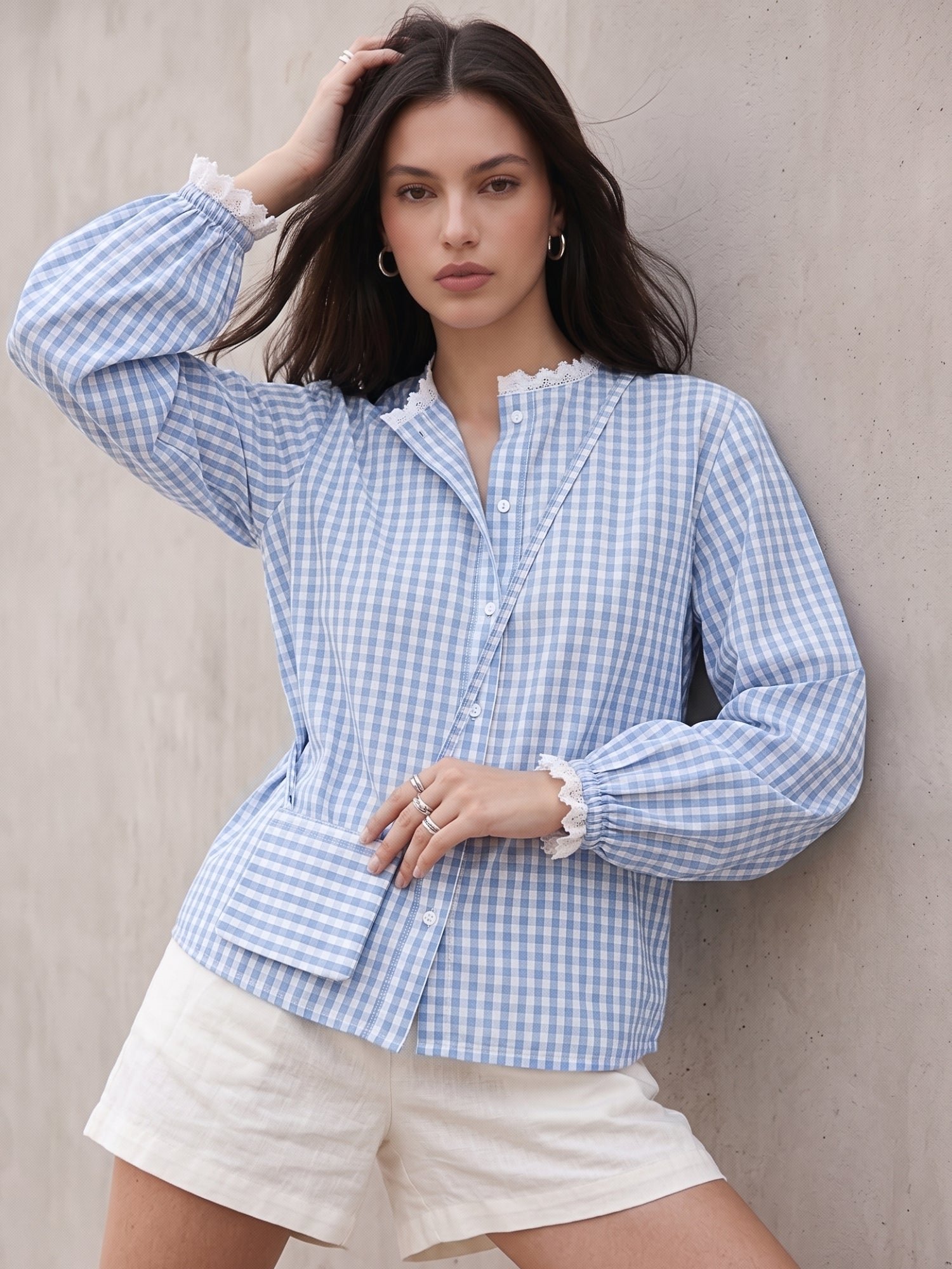Blue Gingham Check Long Sleeve Shirt with Lace Detail