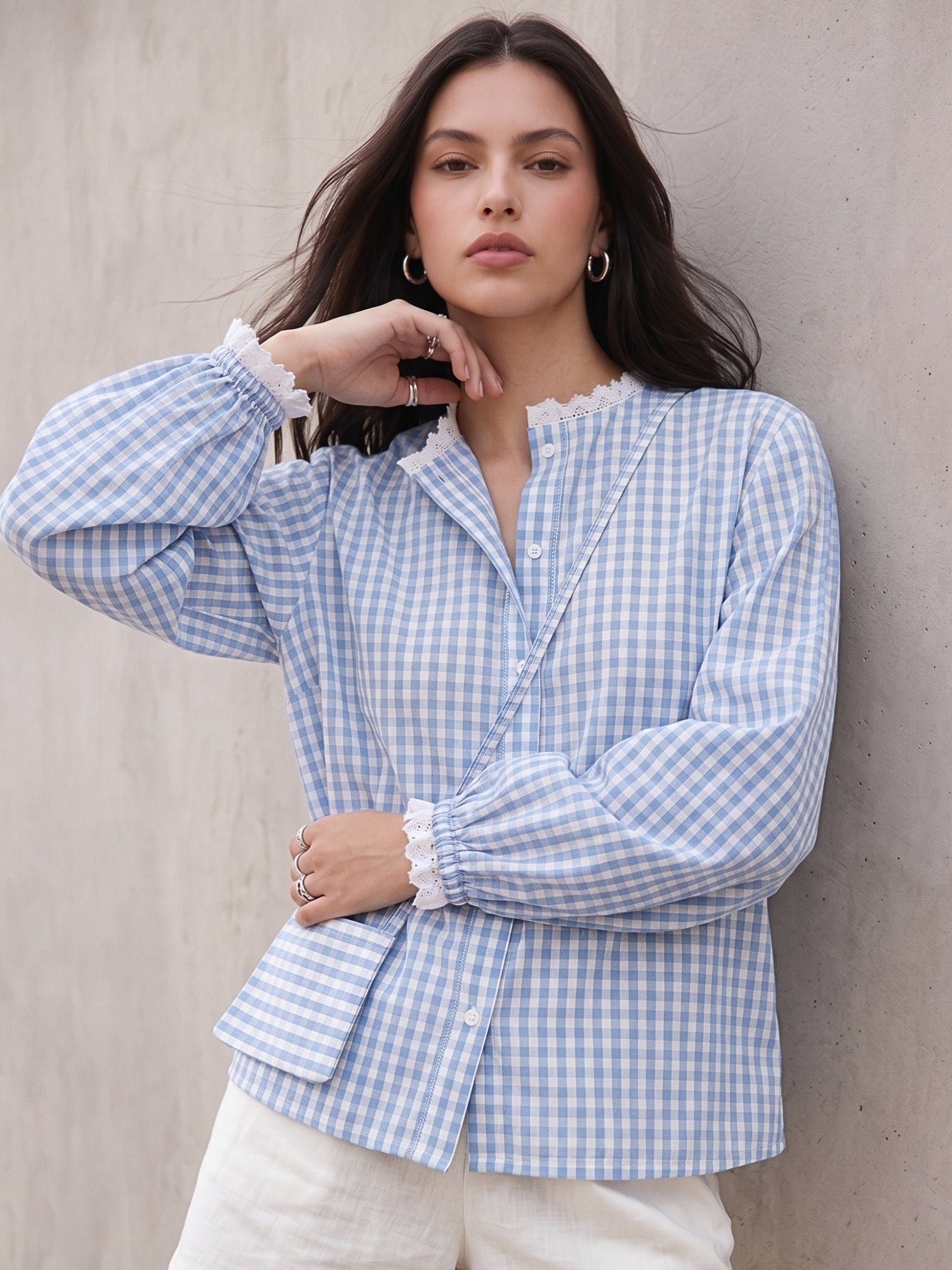 Blue Gingham Check Long Sleeve Shirt with Lace Detail