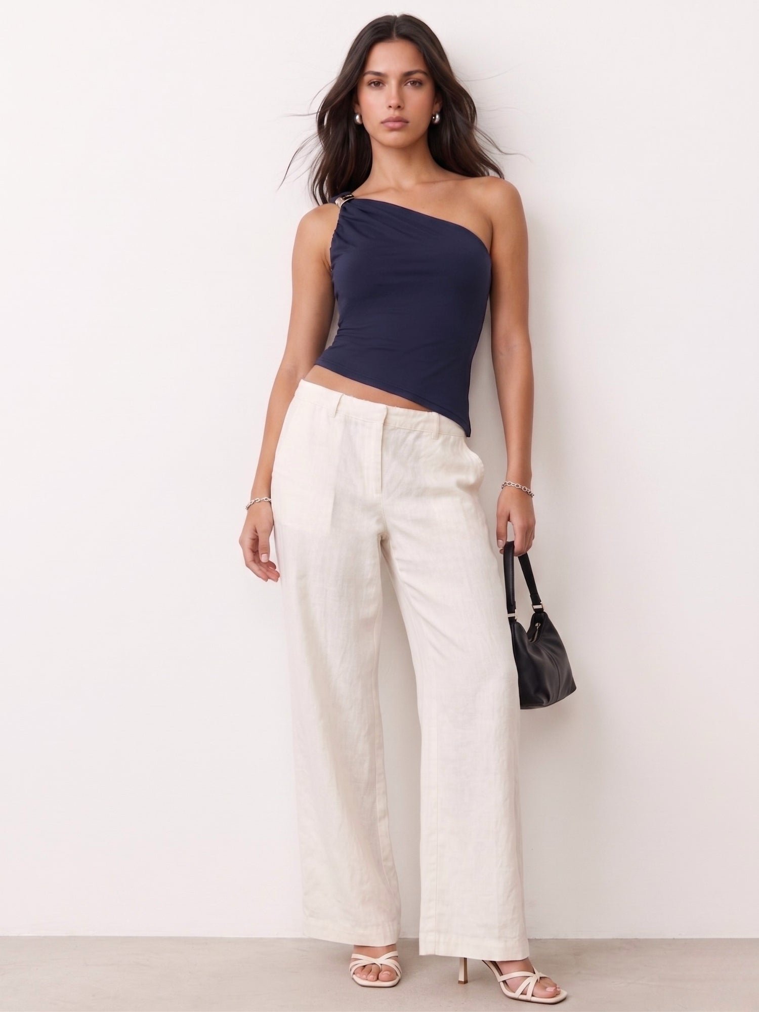 Navy Blue One-Shoulder Sleeveless Buckle Top
