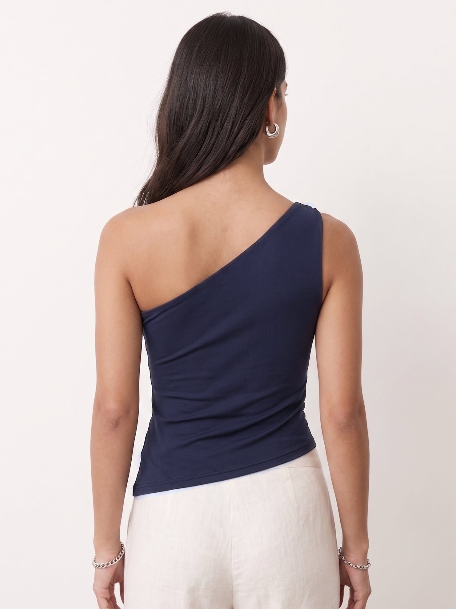 Navy Blue One-Shoulder Sleeveless Buckle Top
