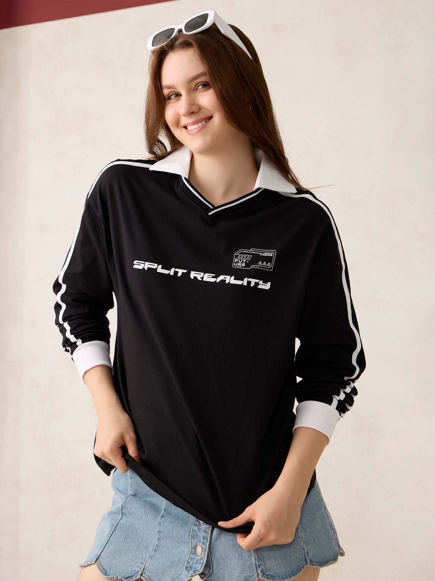 Black Long Sleeve Graphic T-Shirt with Collar