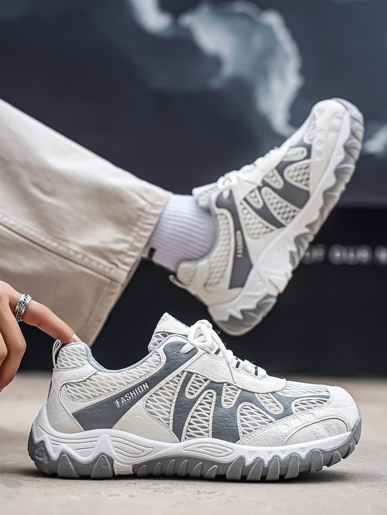 Mens Grey Textured Lace Up Sneakers