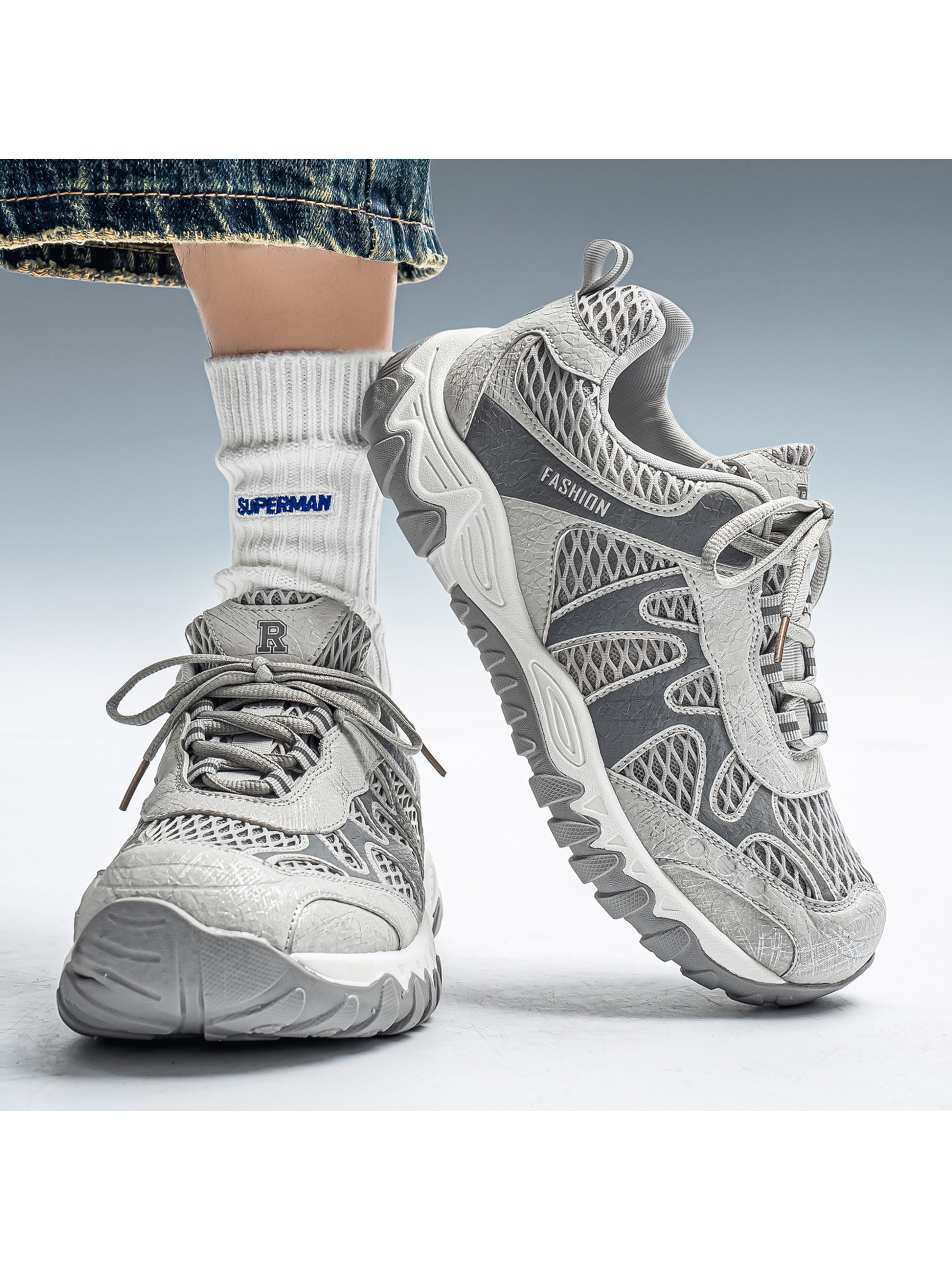 Mens Grey Textured Lace Up Sneakers