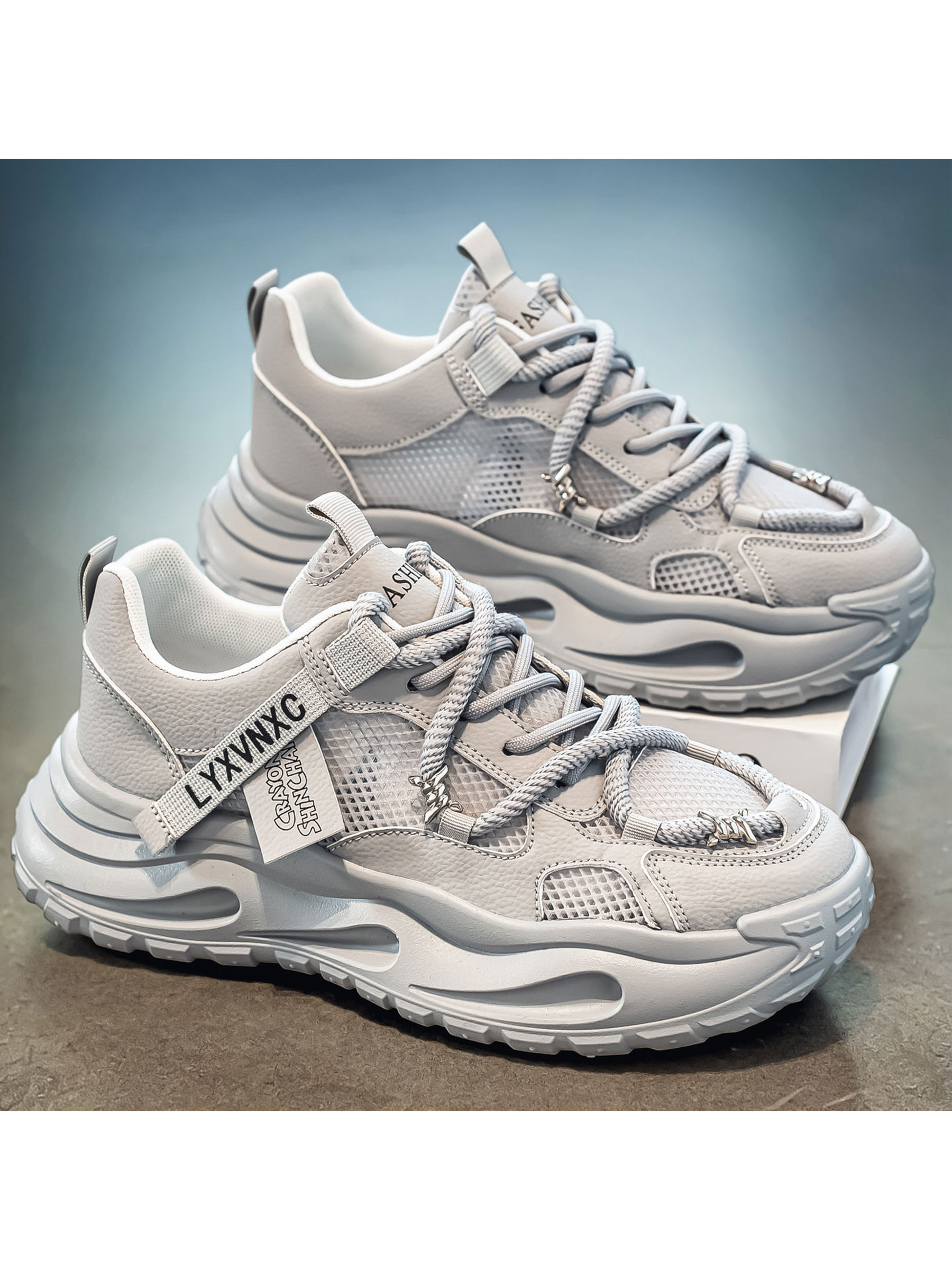 Mens Grey Mesh Chunky Sneakers
