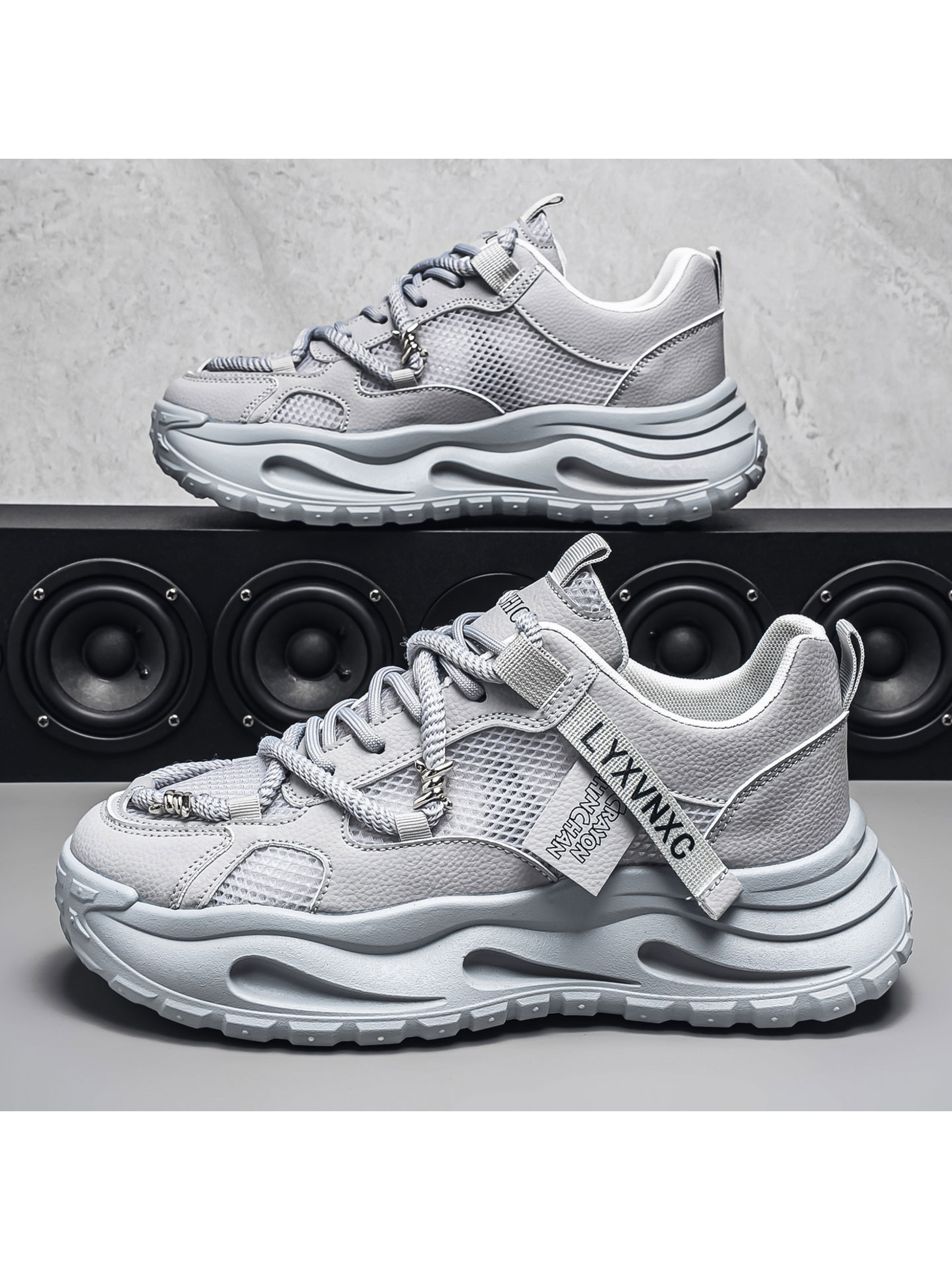 Mens Grey Mesh Chunky Sneakers