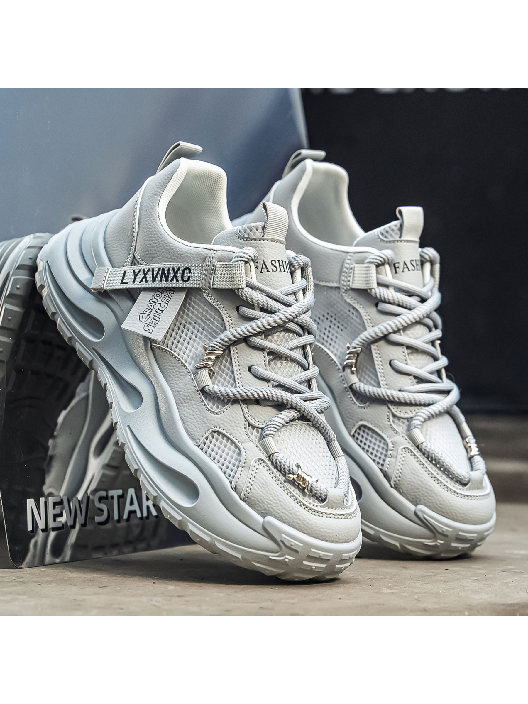 Mens Grey Mesh Chunky Sneakers