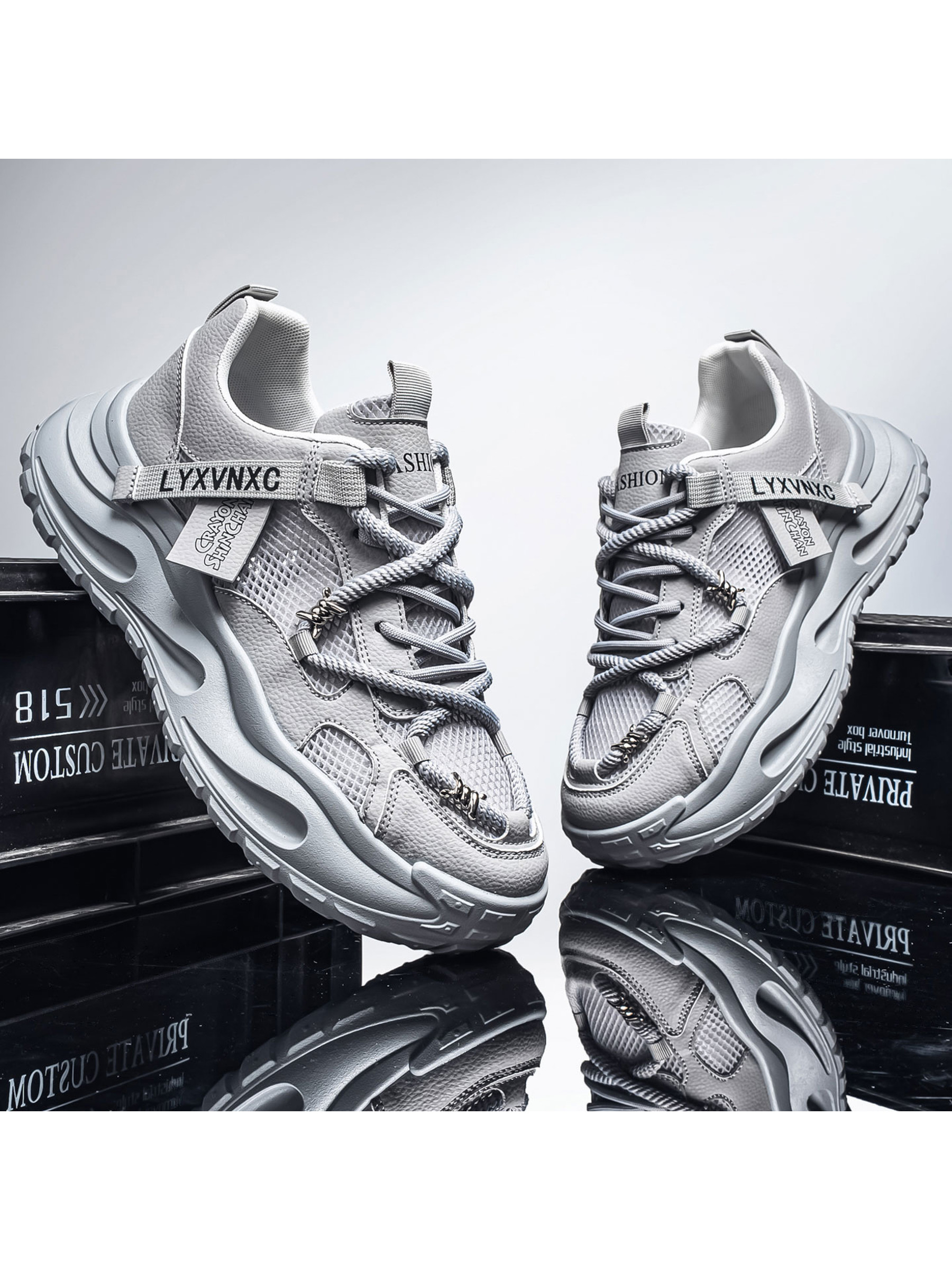 Mens Grey Mesh Chunky Sneakers