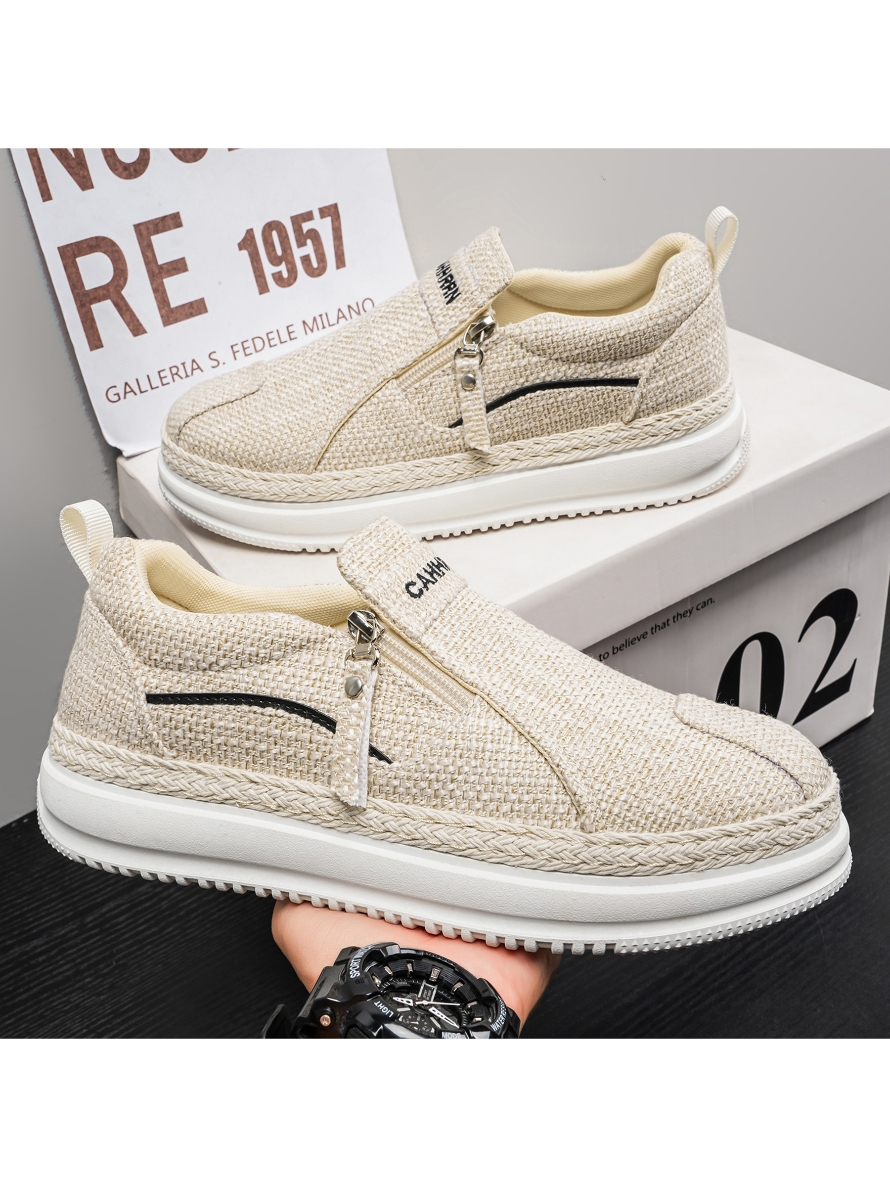 Woven Casual Slip-On Shoes with Zipper Detail