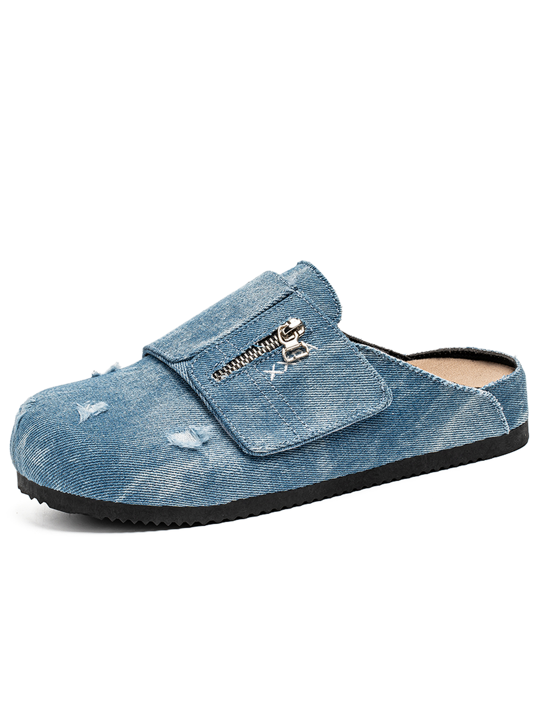 Denim-Look Mules with Zipper Detail
