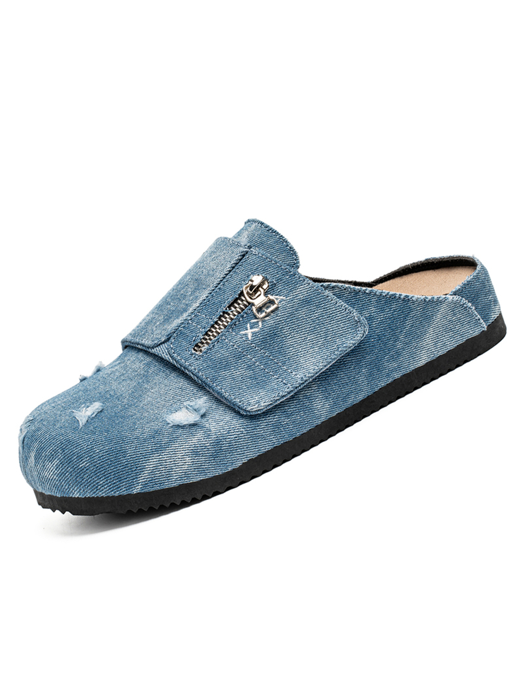 Denim-Look Mules with Zipper Detail