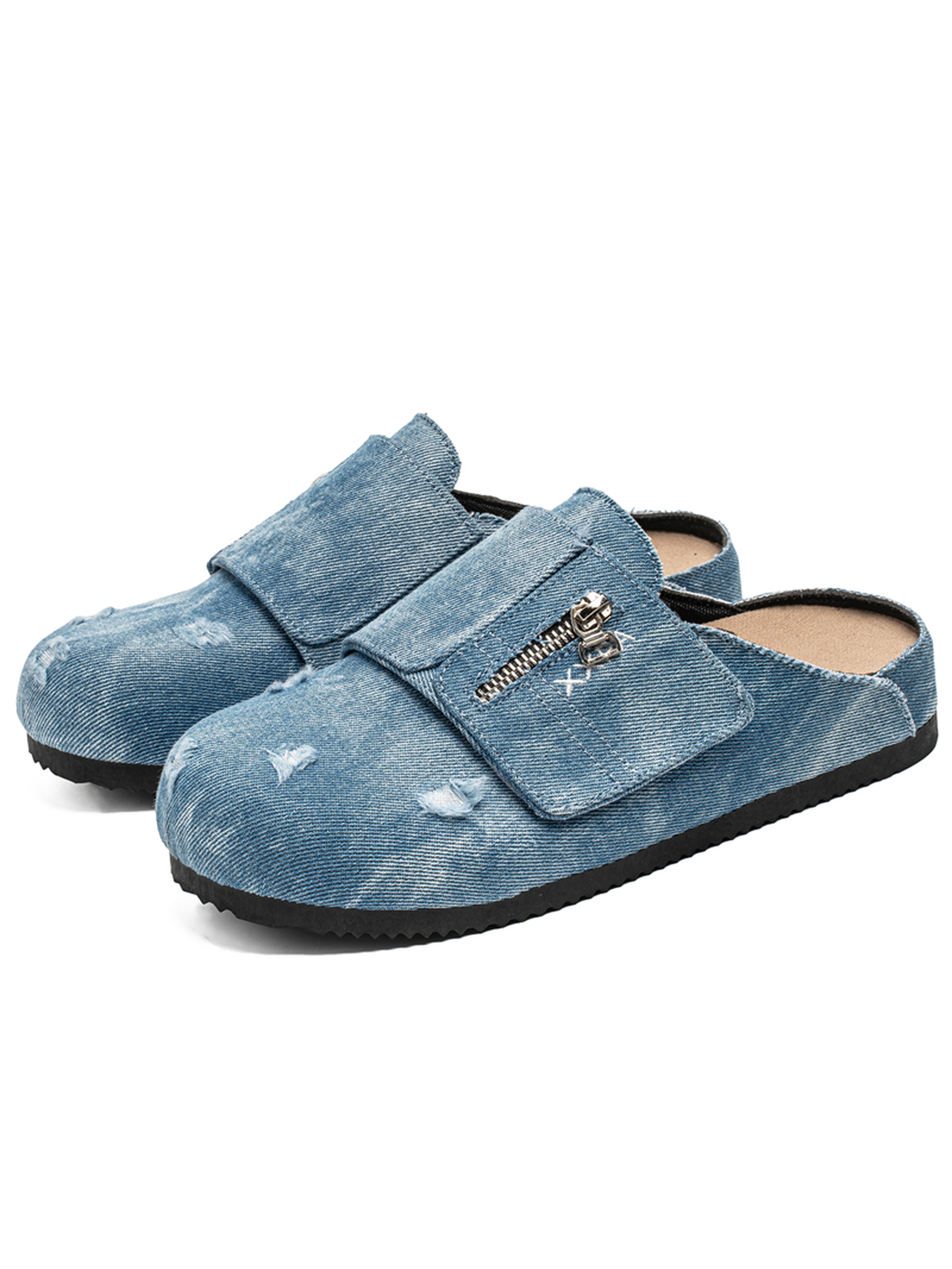 Denim-Look Mules with Zipper Detail
