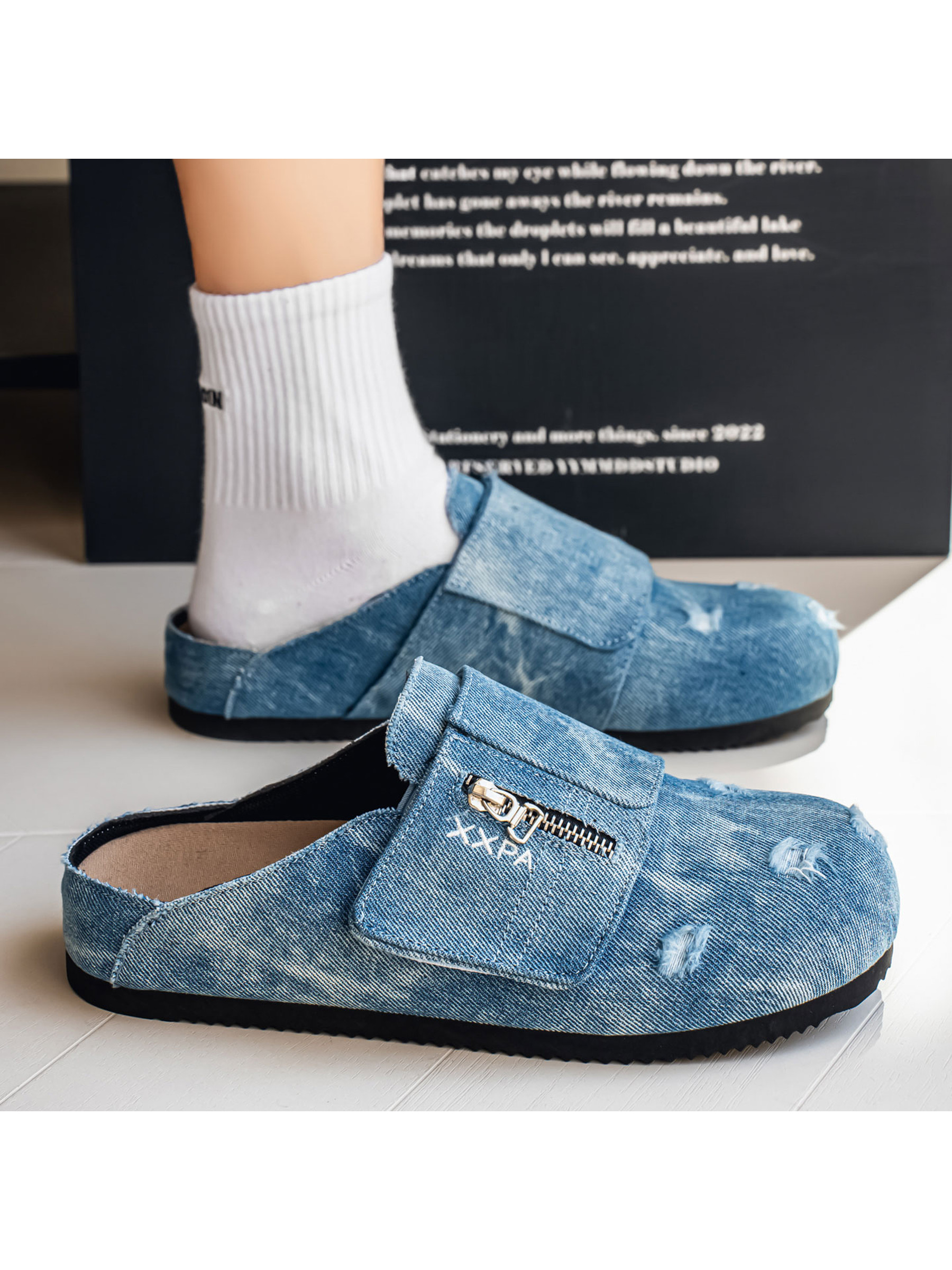 Denim-Look Mules with Zipper Detail