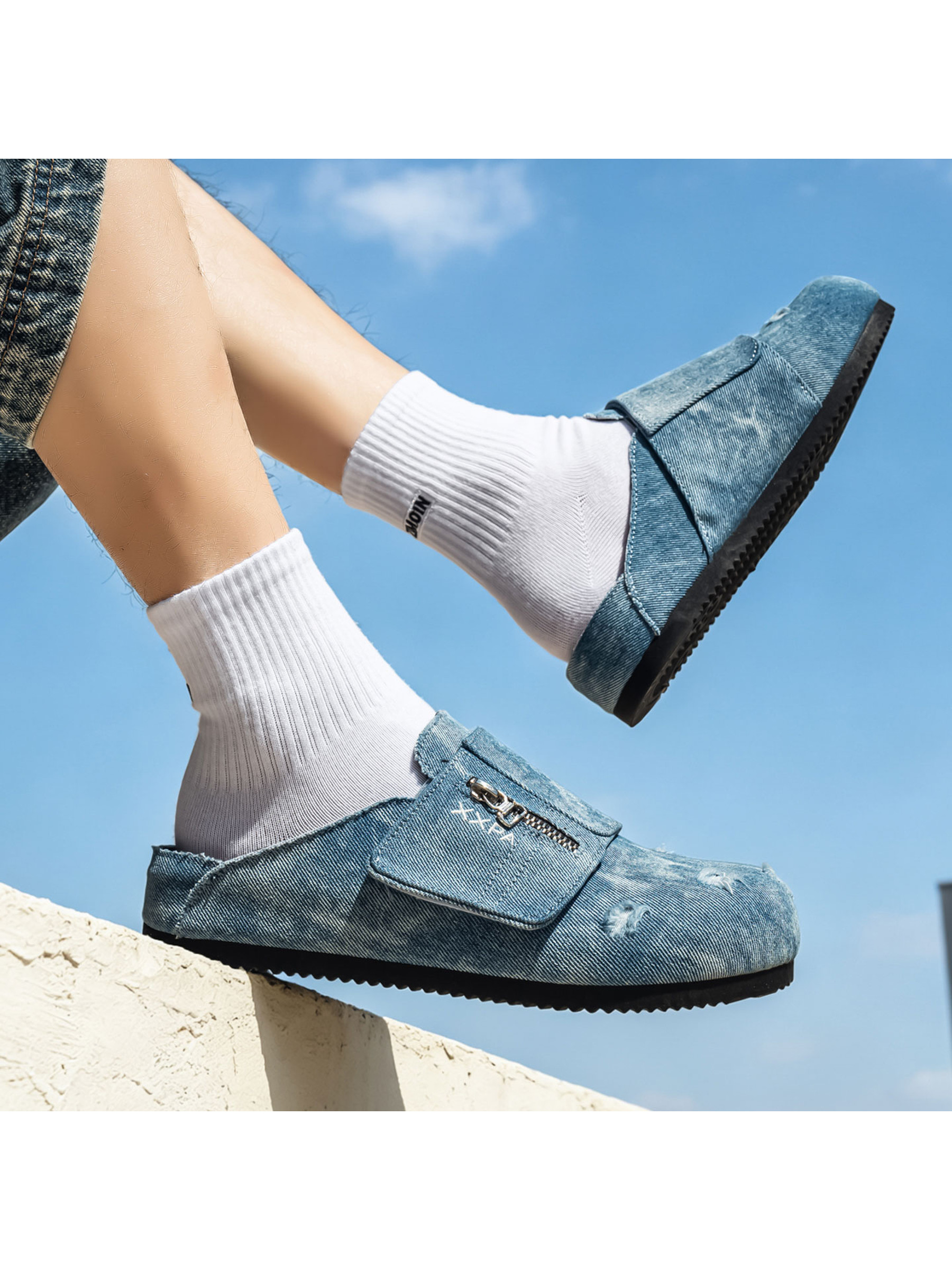 Denim-Look Mules with Zipper Detail