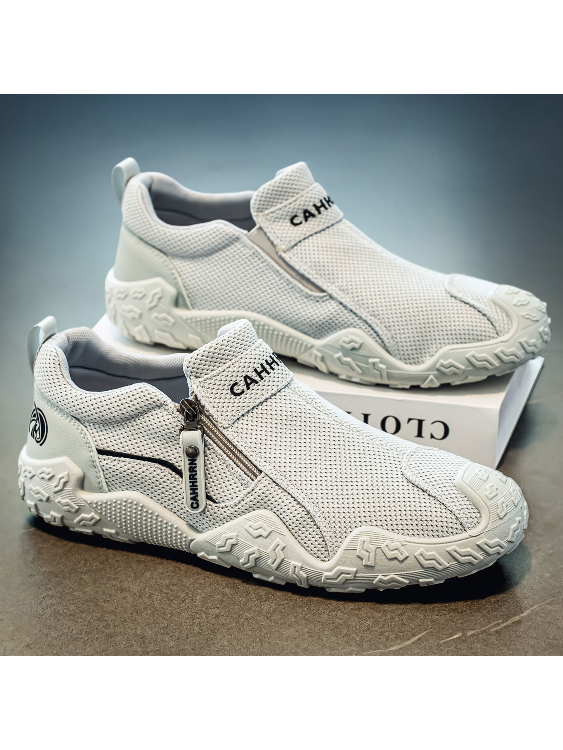 Mens Grey Mesh Slip-On Sneakers with Zipper Detail
