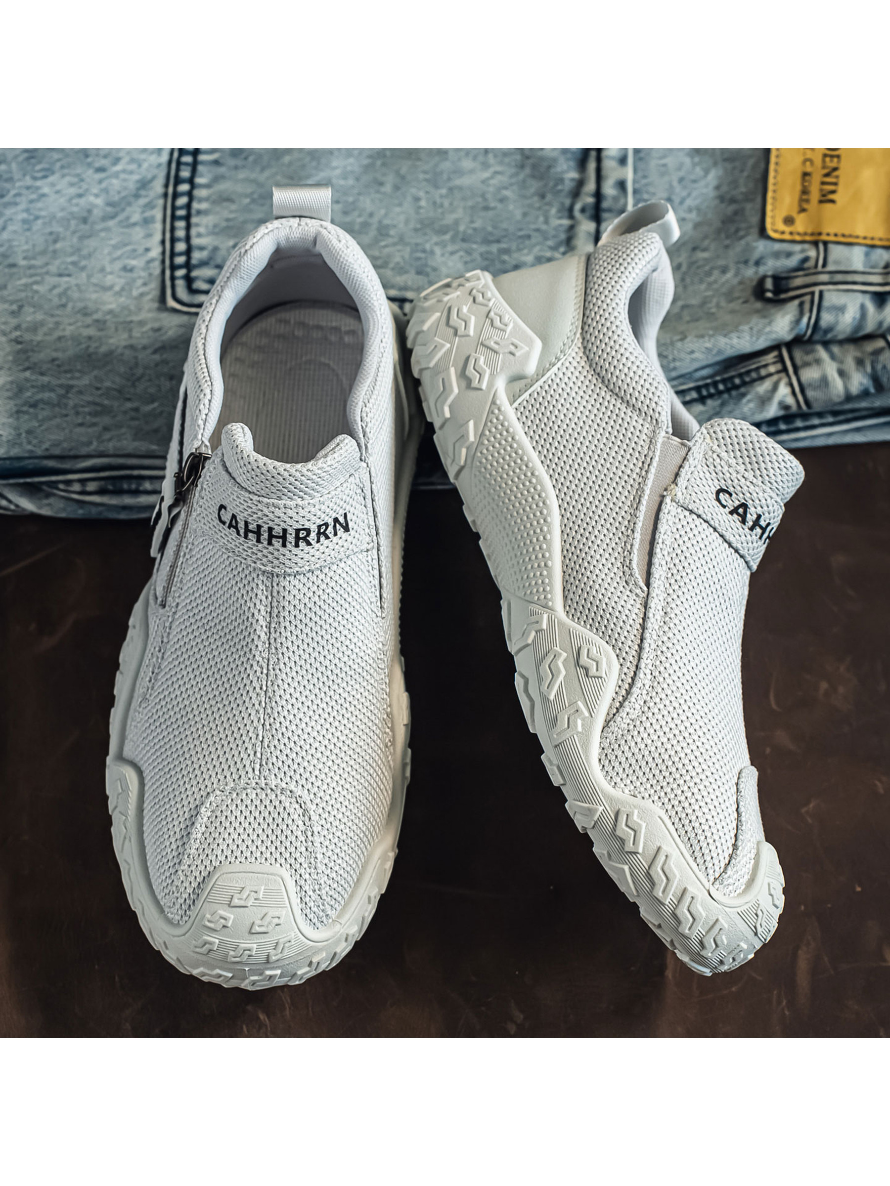 Mens Grey Mesh Slip-On Sneakers with Zipper Detail