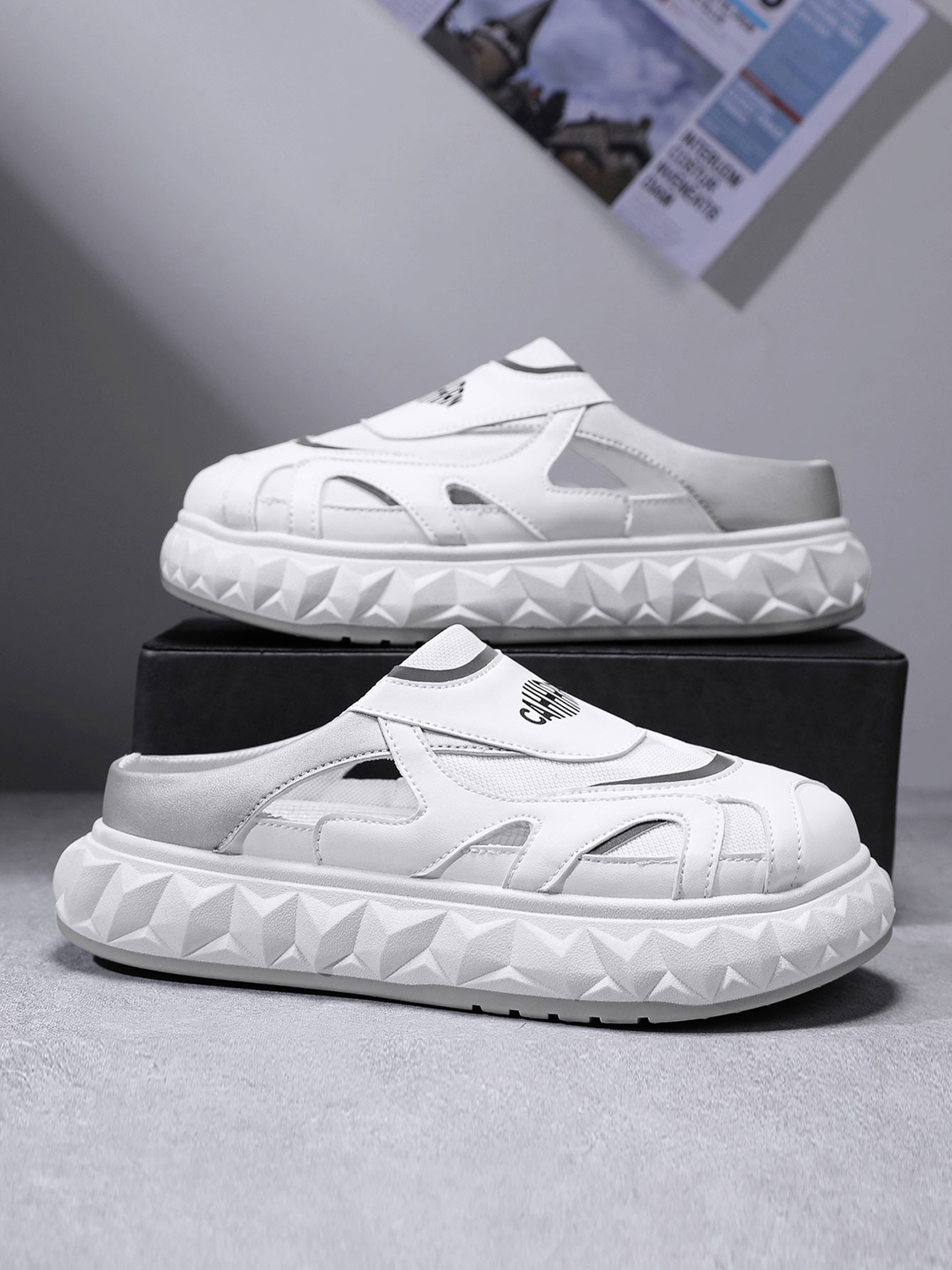Mens White Slip-On Shoes with Geometric Sole