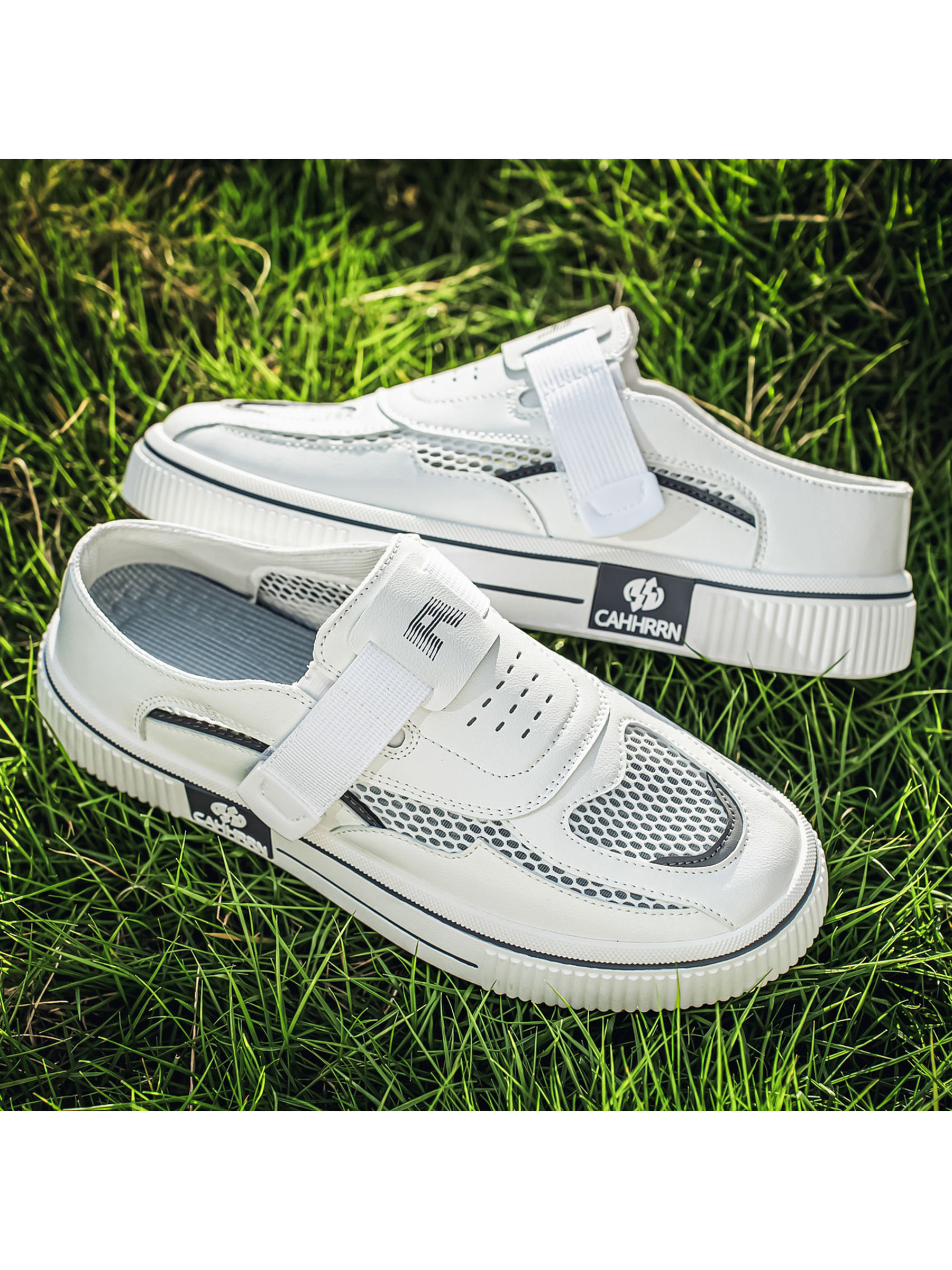 Mens White Slip-On Casual Sneakers with Mesh Detail