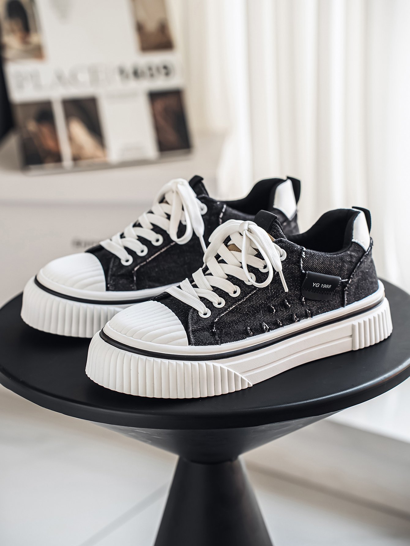 Frayed Denim-Look Platform Sneakers