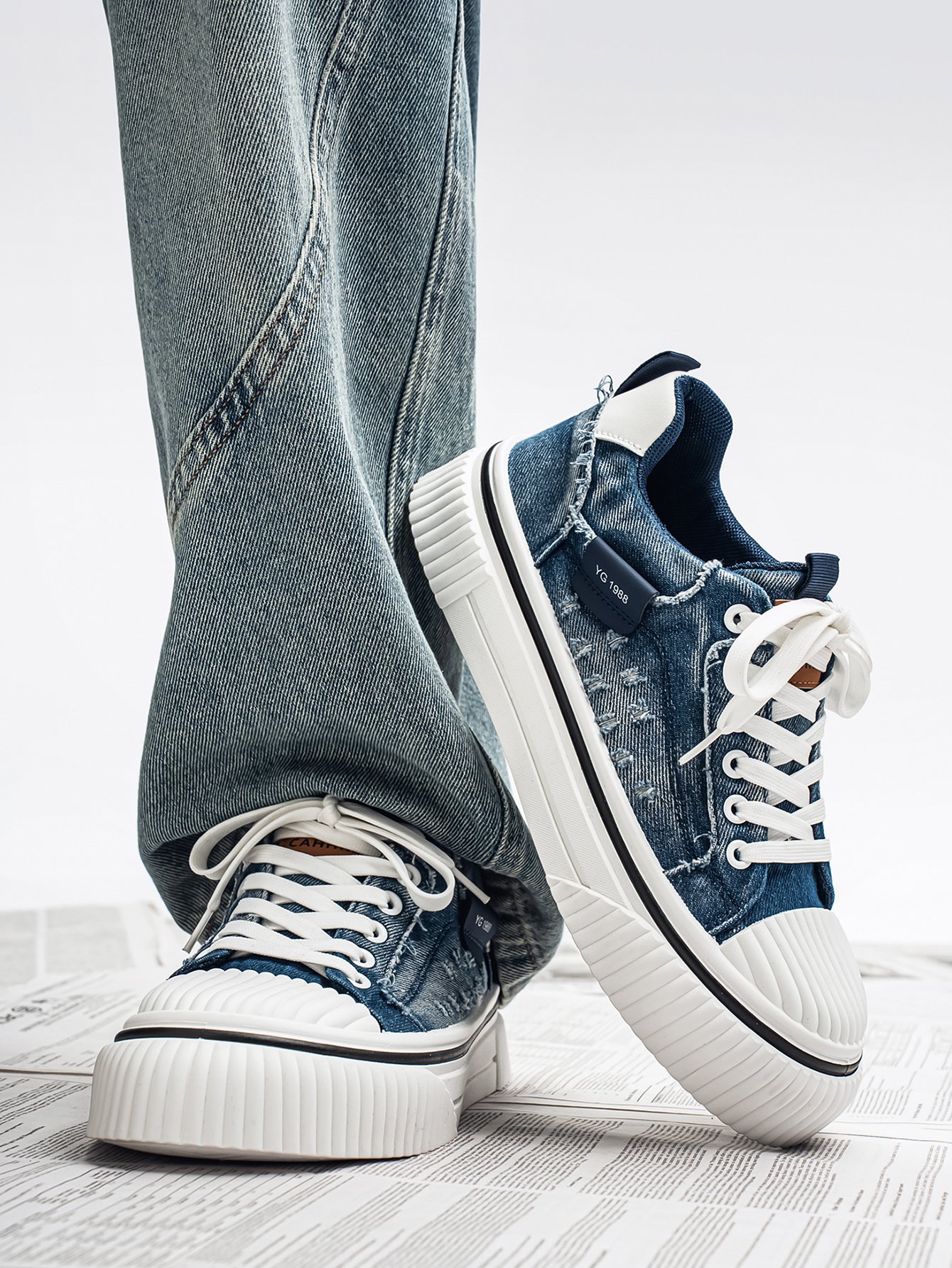 Distressed Denim Platform Sneakers
