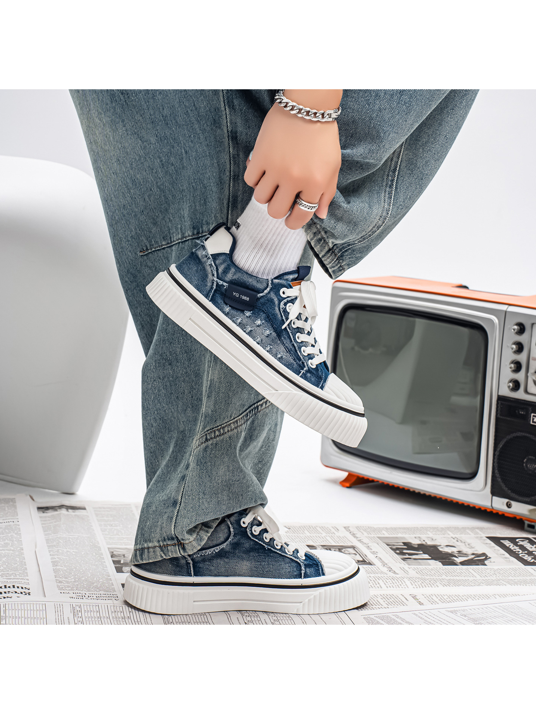 Distressed Denim Platform Sneakers