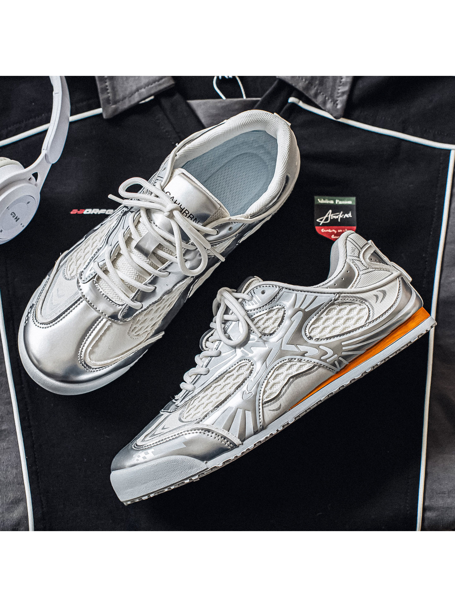 Mens Silver Metallic Mesh Casual Sneakers