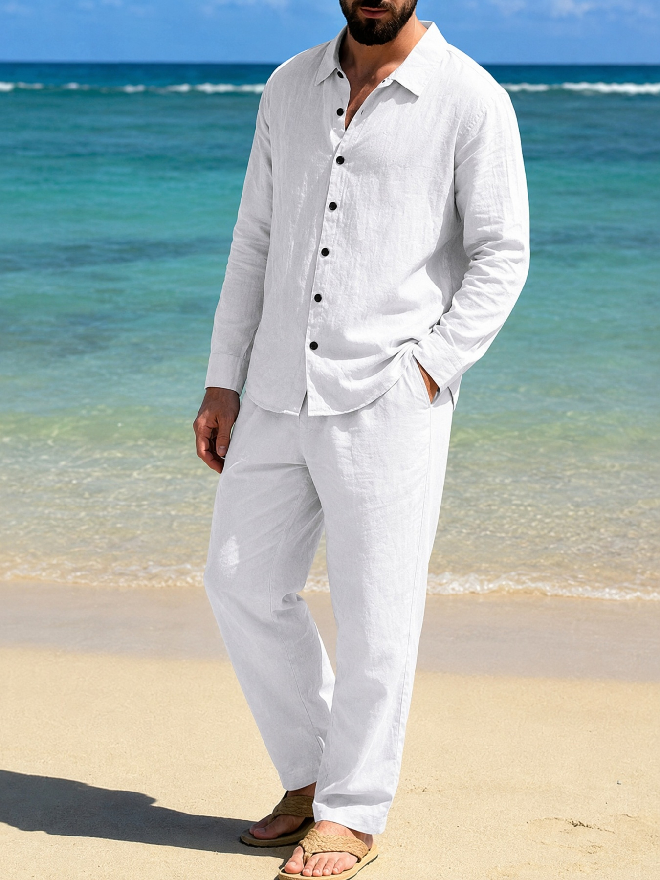 Mens White Linen Blend Shirt and Trousers Beach Co-ord Set