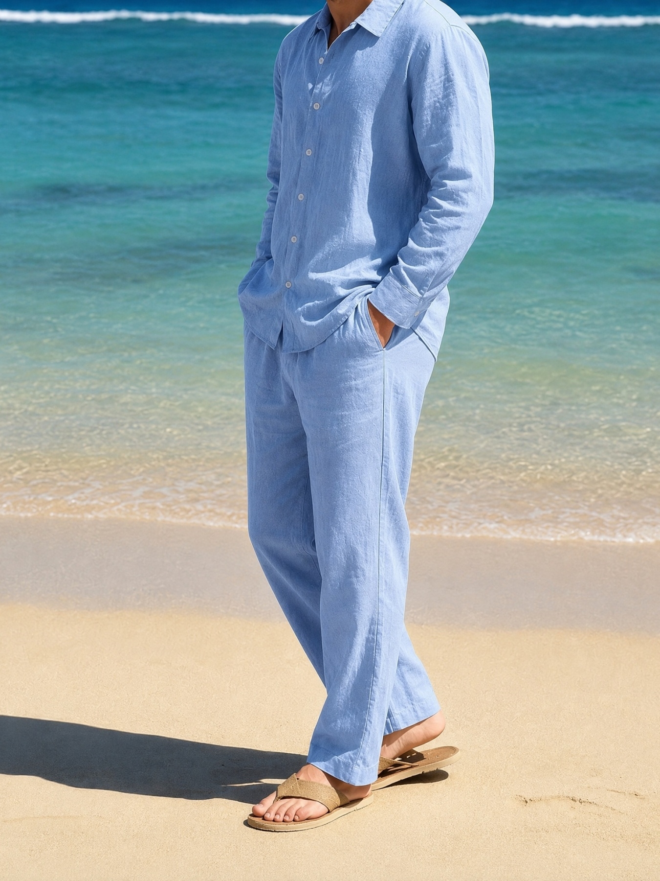 Men Light Blue Linen Trousers and Shirt Co-Ord Set