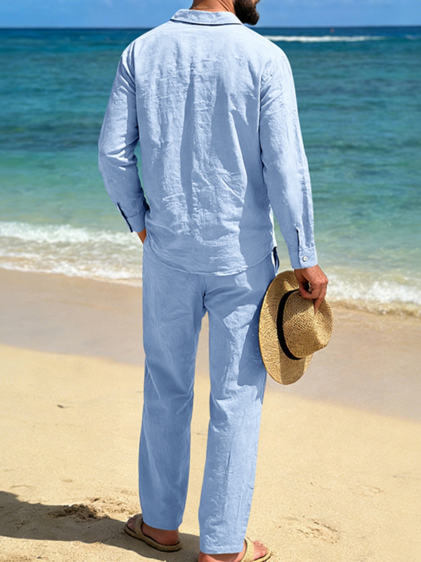 Men Light Blue Linen Trousers and Shirt Co-Ord Set