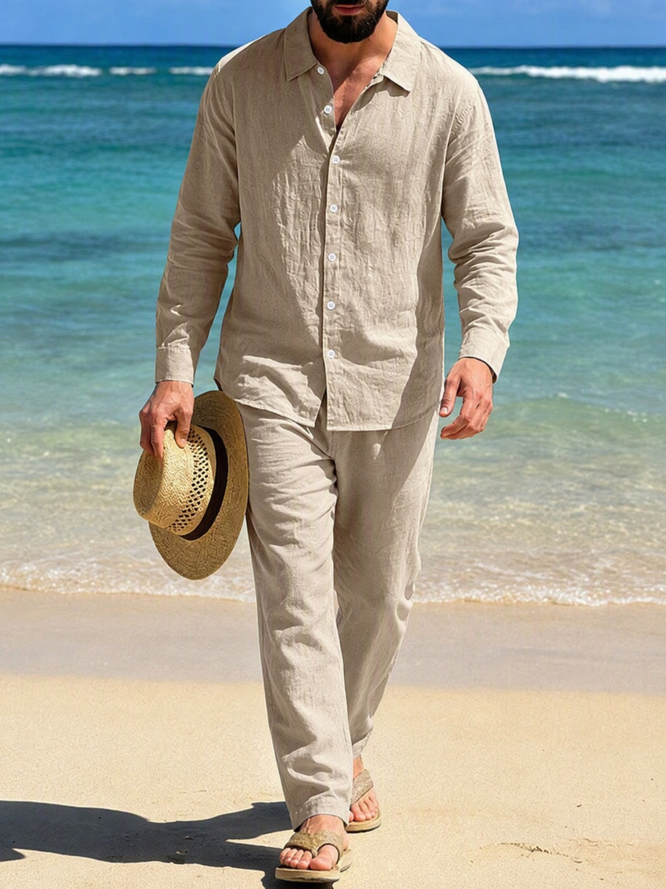 Mens Beige Linen Blend Trousers and Shirt Co-ord Set