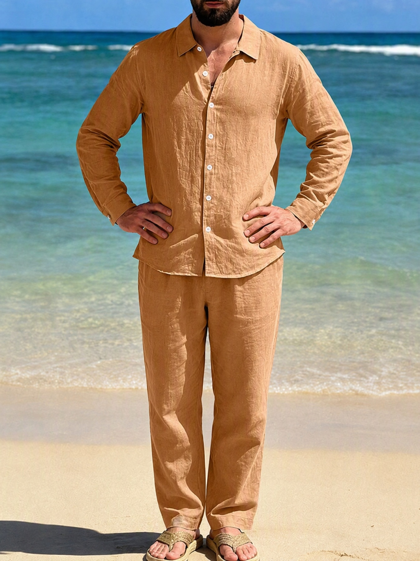 Mens Desert Sand Linen Trousers and Shirt Co-ord Set